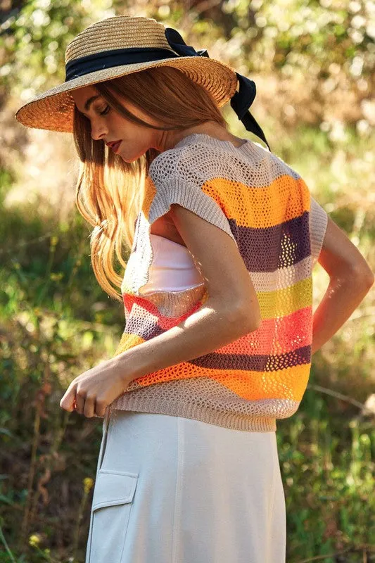 Crochet Multi Striped Pullover Knit Sweater Vest, Davi & Dani (online only)