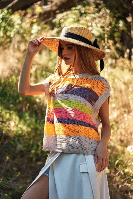 Crochet Multi Striped Pullover Knit Sweater Vest, Davi & Dani (online only)