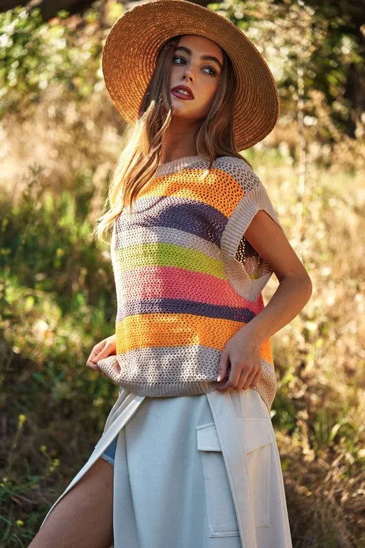 Crochet Multi Striped Pullover Knit Sweater Vest, Davi & Dani (online only)