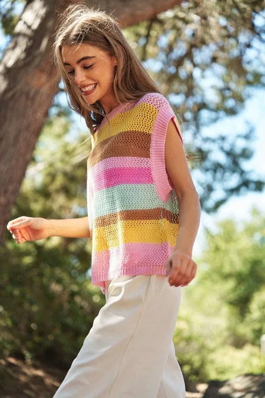 Crochet Multi Striped Pullover Knit Sweater Vest, Davi & Dani (online only)