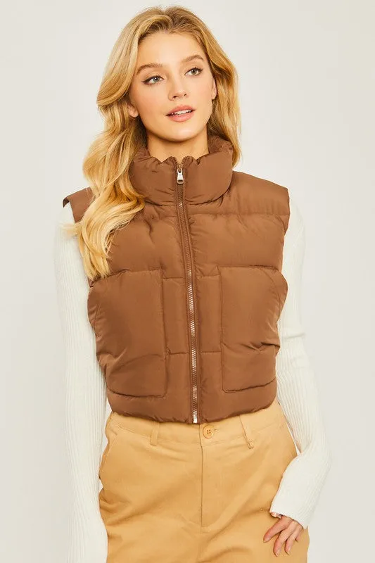 Cropped Puffer Vest With Pockets, Love Tree (Various Colors)