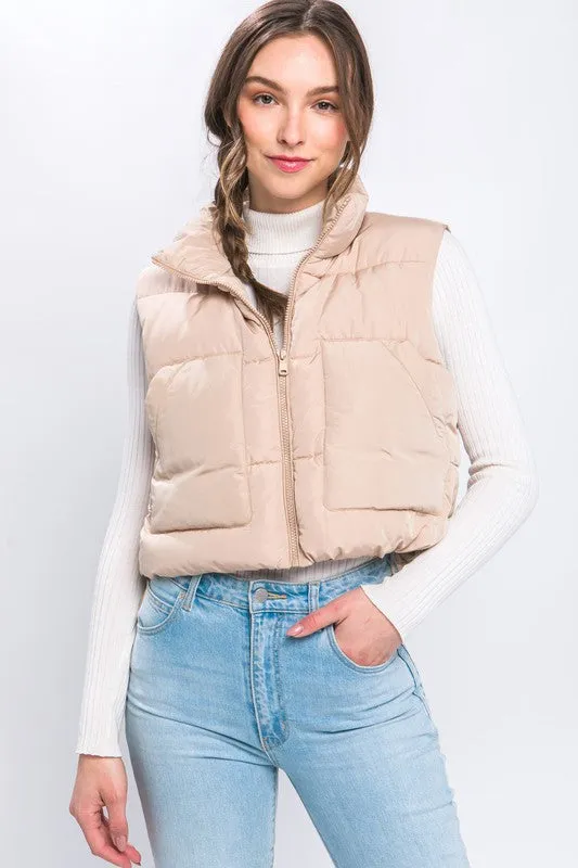 Cropped Puffer Vest With Pockets, Love Tree (Various Colors)