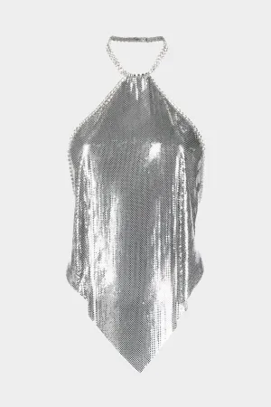 Crystal-Embellished Metallic Halterneck Top in Silver
