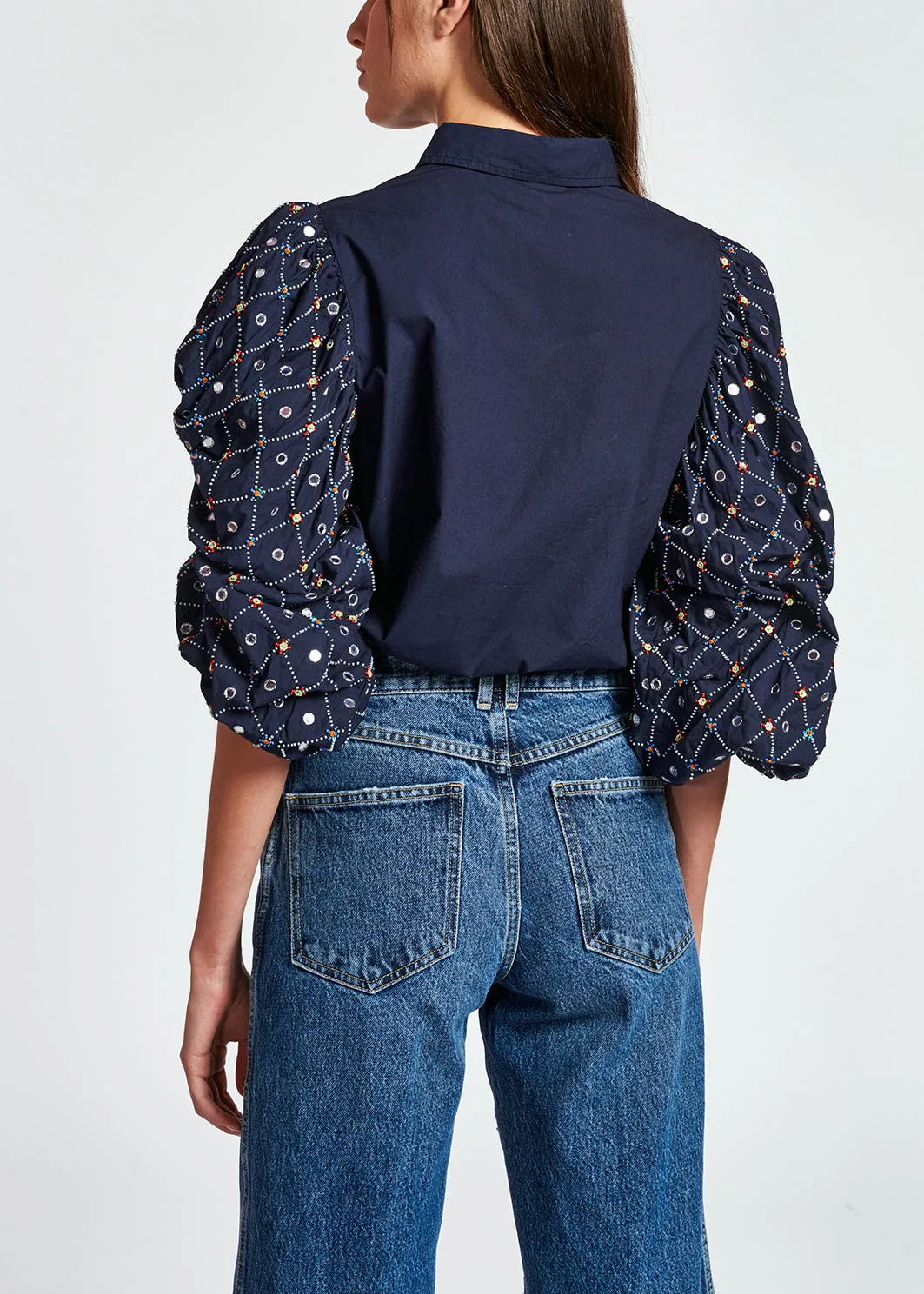 Dark blue mirror-embroidered puffed-sleeve shirt