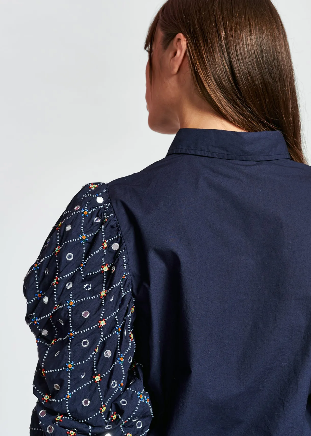 Dark blue mirror-embroidered puffed-sleeve shirt