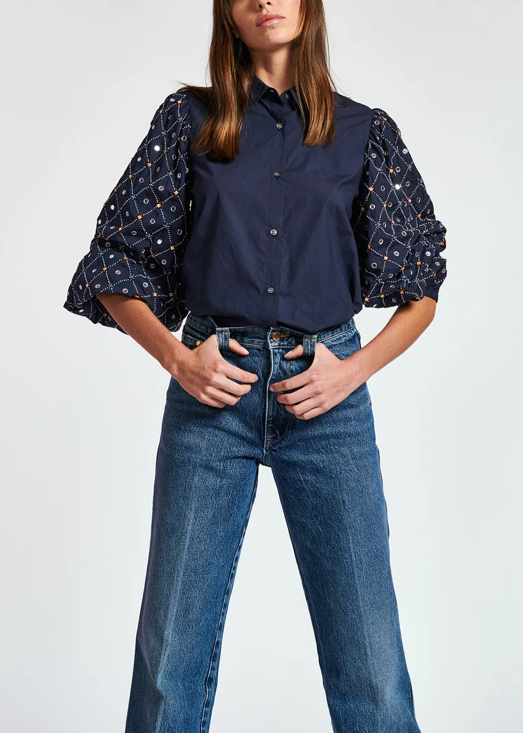 Dark blue mirror-embroidered puffed-sleeve shirt