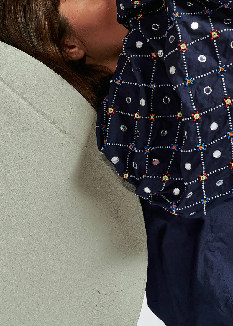 Dark blue mirror-embroidered puffed-sleeve shirt