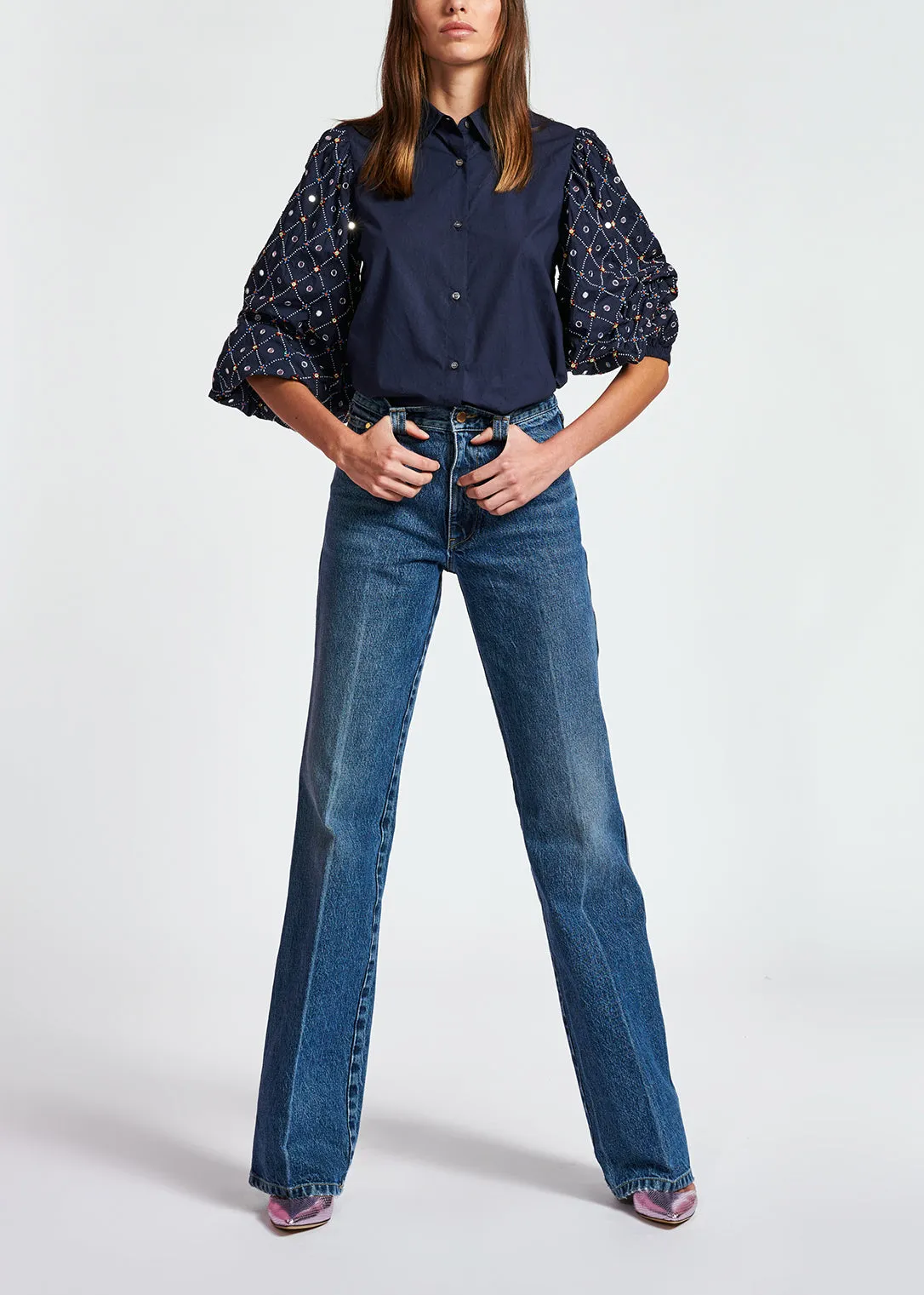 Dark blue mirror-embroidered puffed-sleeve shirt