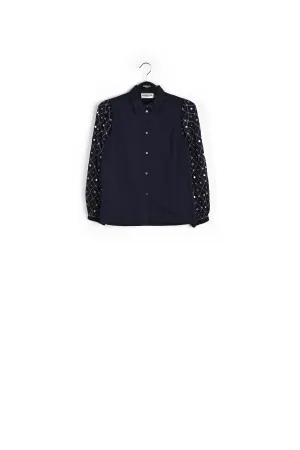 Dark blue mirror-embroidered puffed-sleeve shirt