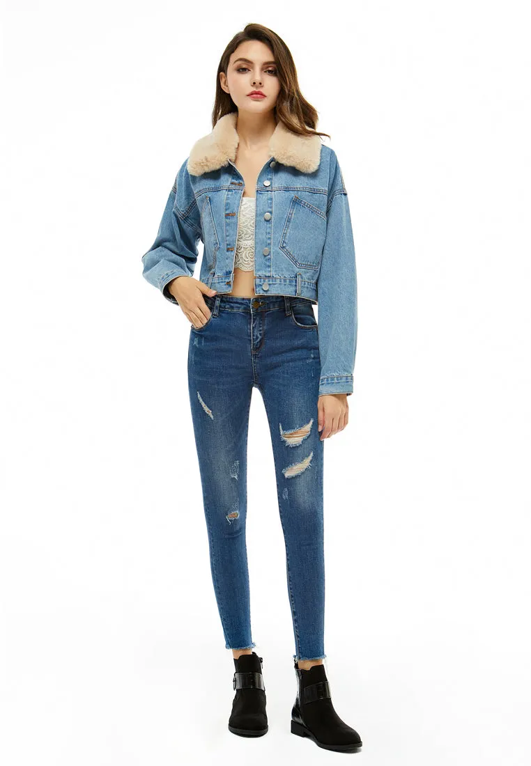 detachable borg collar crop jacket