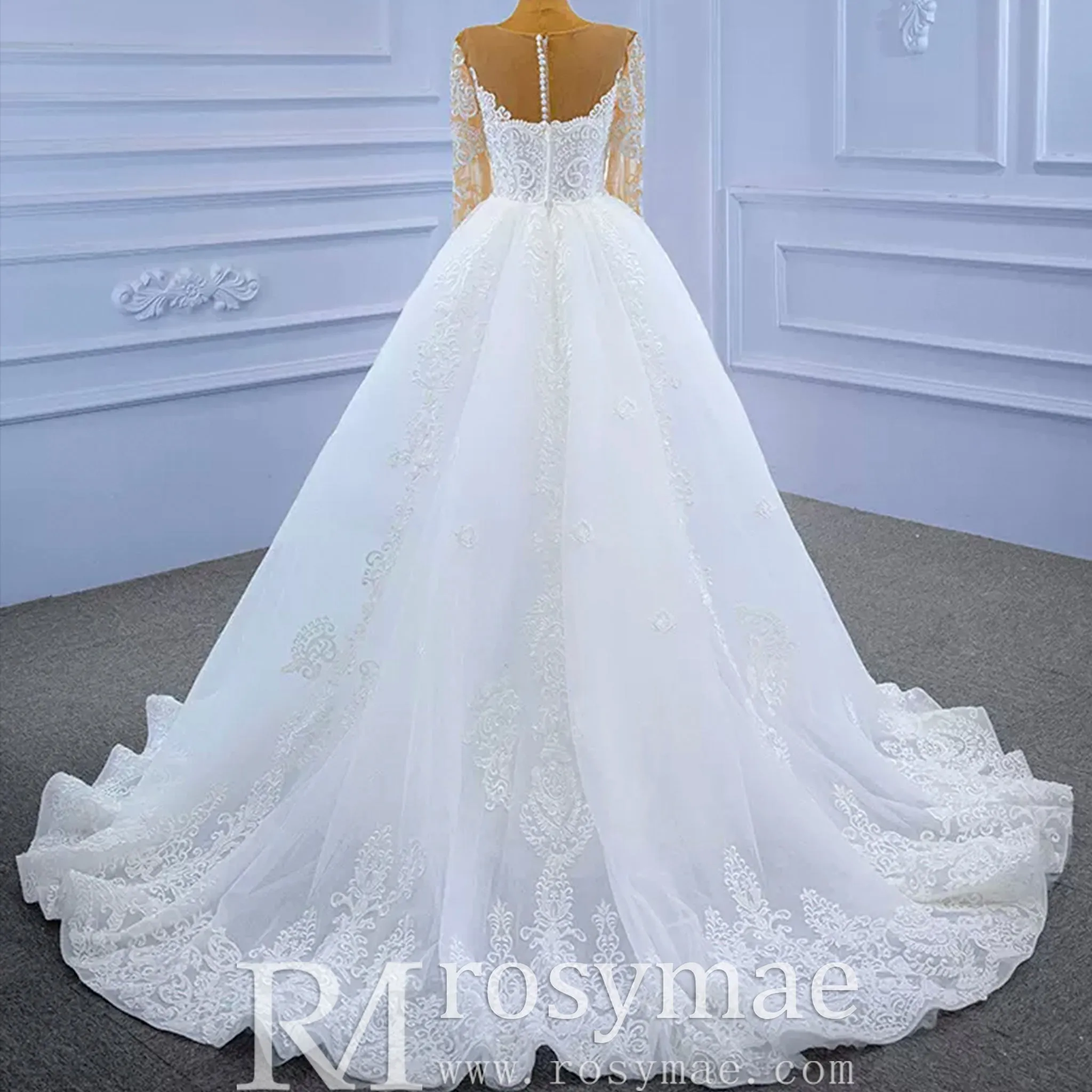 Detachable Skirt Vintage Beaded Lace Wedding Dress with Long Sleeves