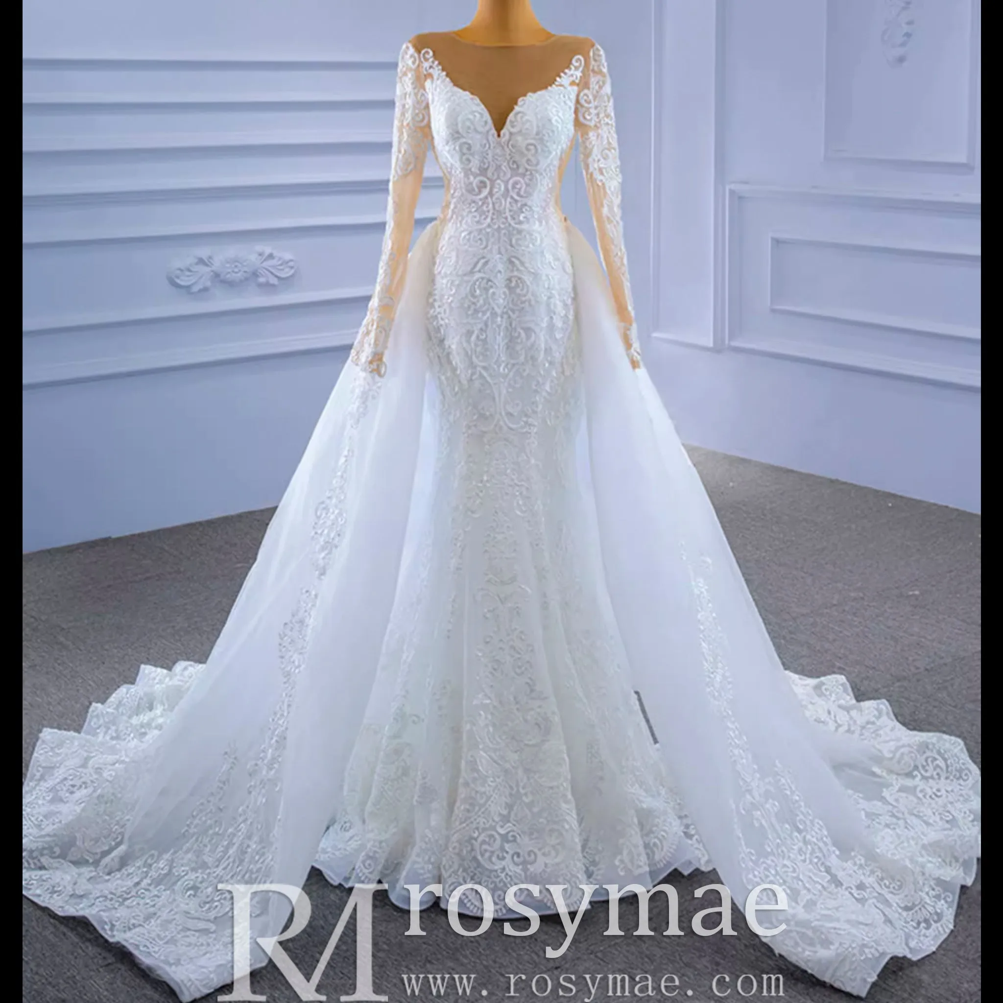 Detachable Skirt Vintage Beaded Lace Wedding Dress with Long Sleeves