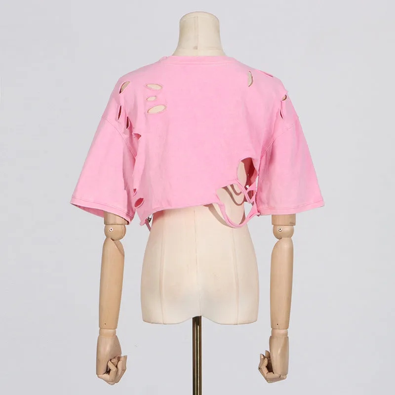 DISTRESSED STUDDED SHORT SLEEVE T SHIRT - Pink