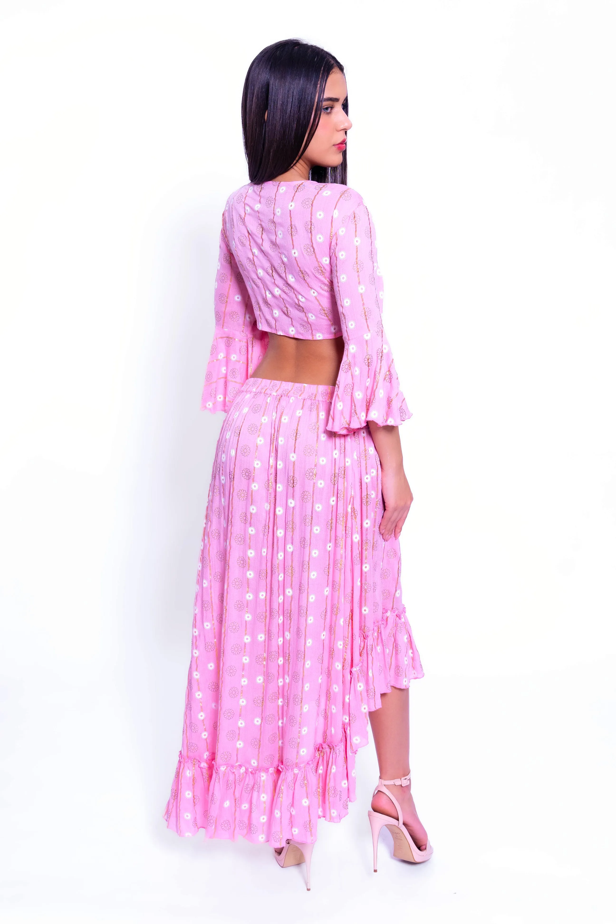 DK 230601 CROP TOP AND HIGH LOW LUREX SKIRT SET