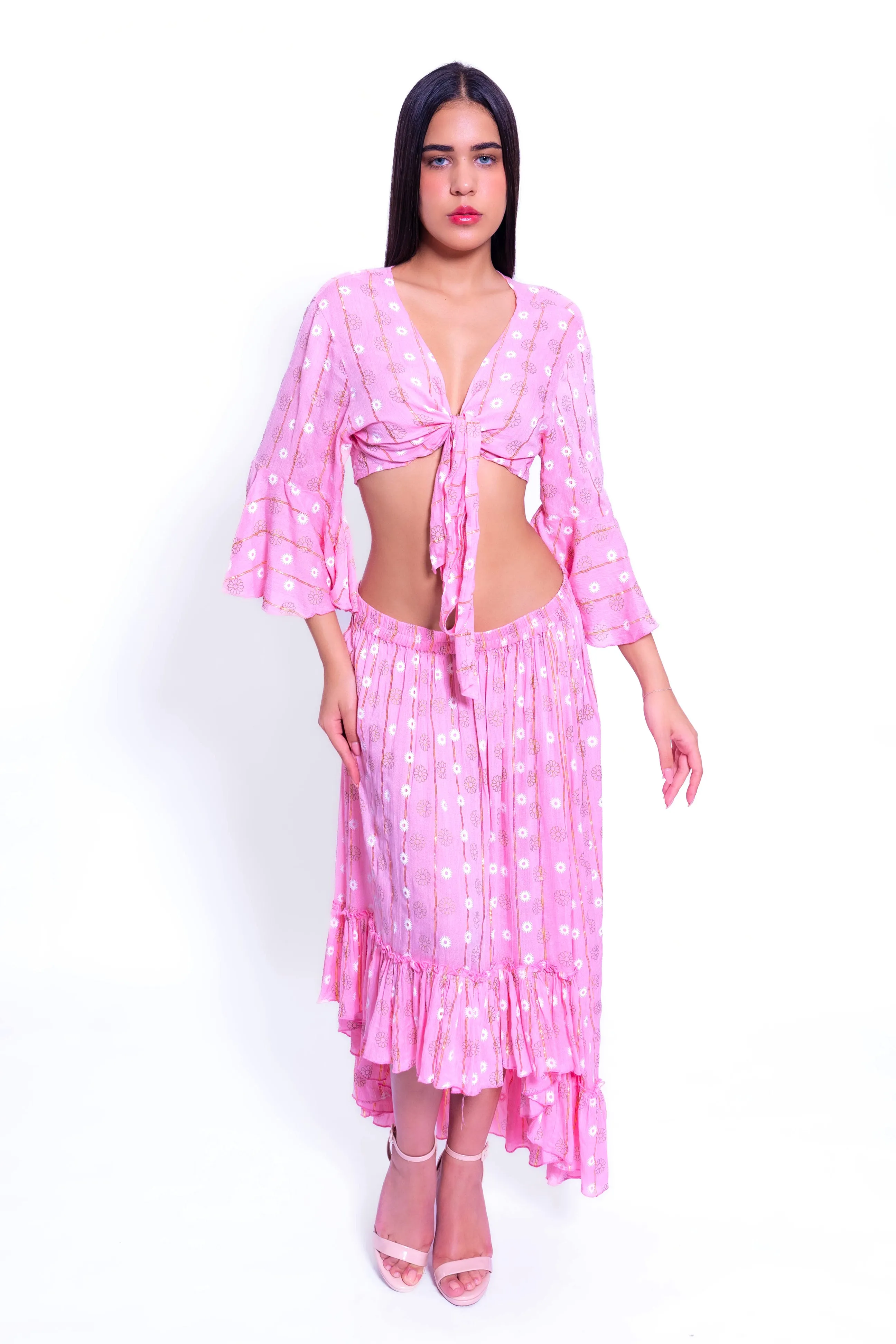 DK 230601 CROP TOP AND HIGH LOW LUREX SKIRT SET
