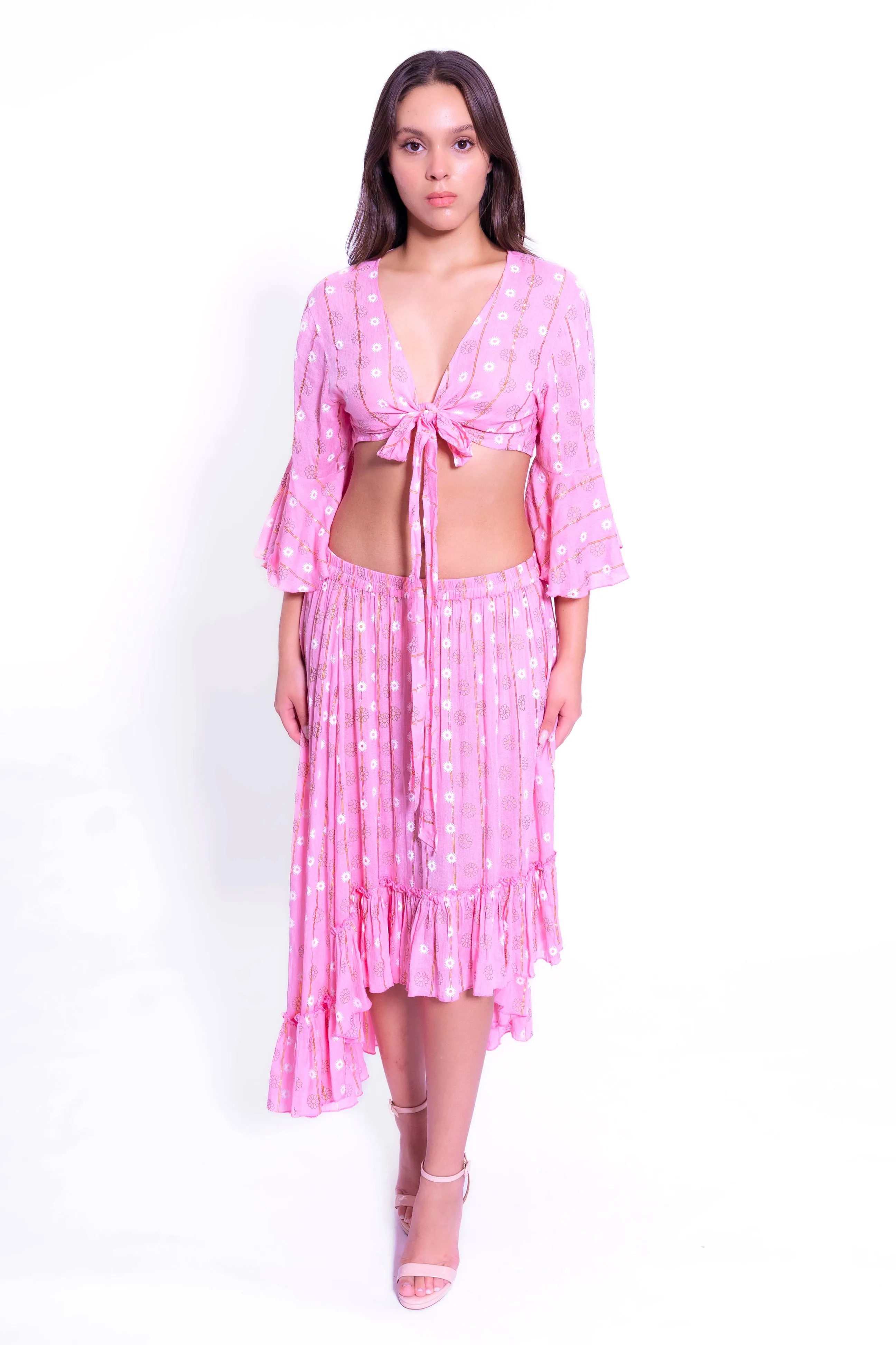 DK 230601 CROP TOP AND HIGH LOW LUREX SKIRT SET