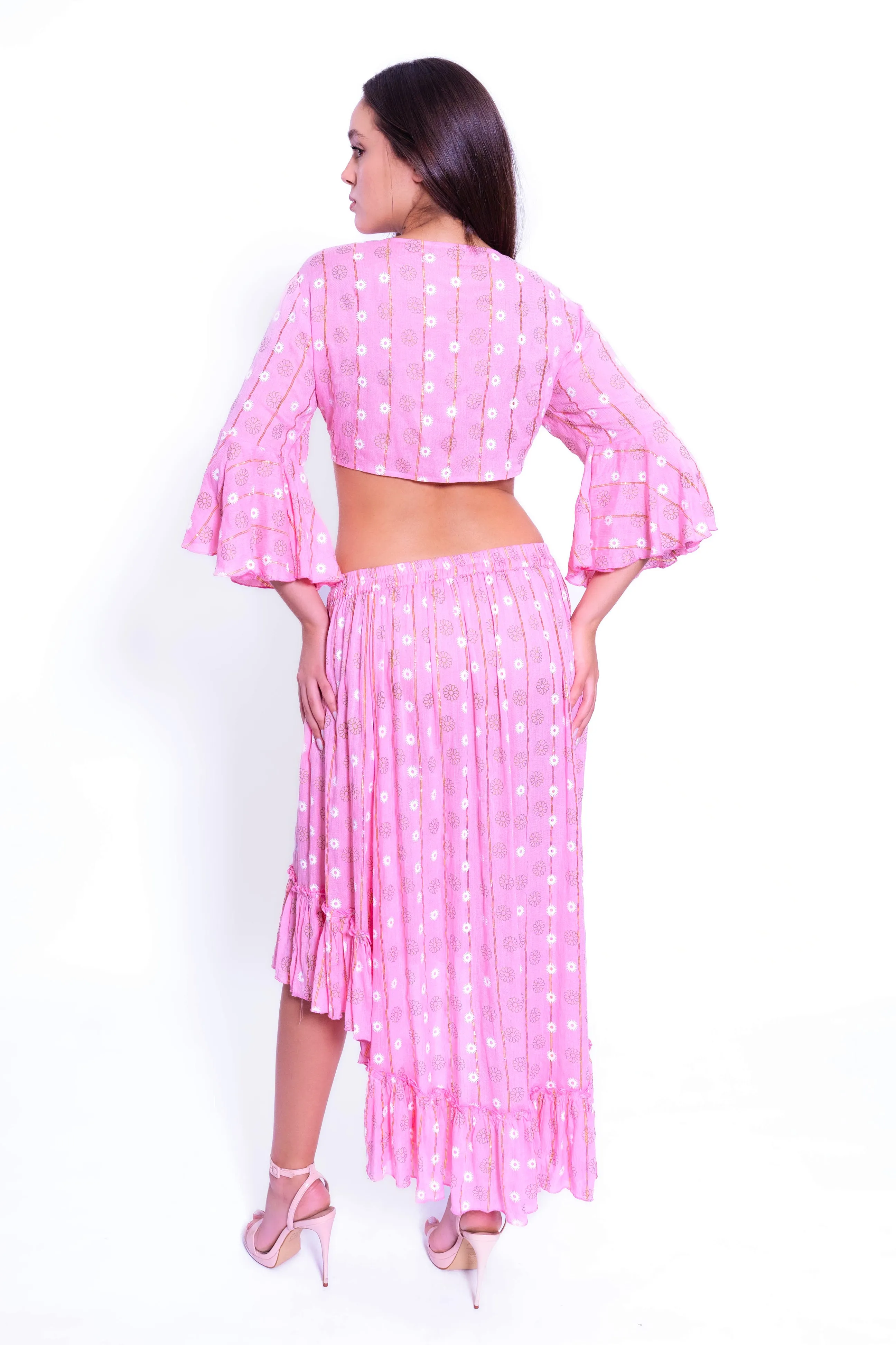 DK 230601 CROP TOP AND HIGH LOW LUREX SKIRT SET