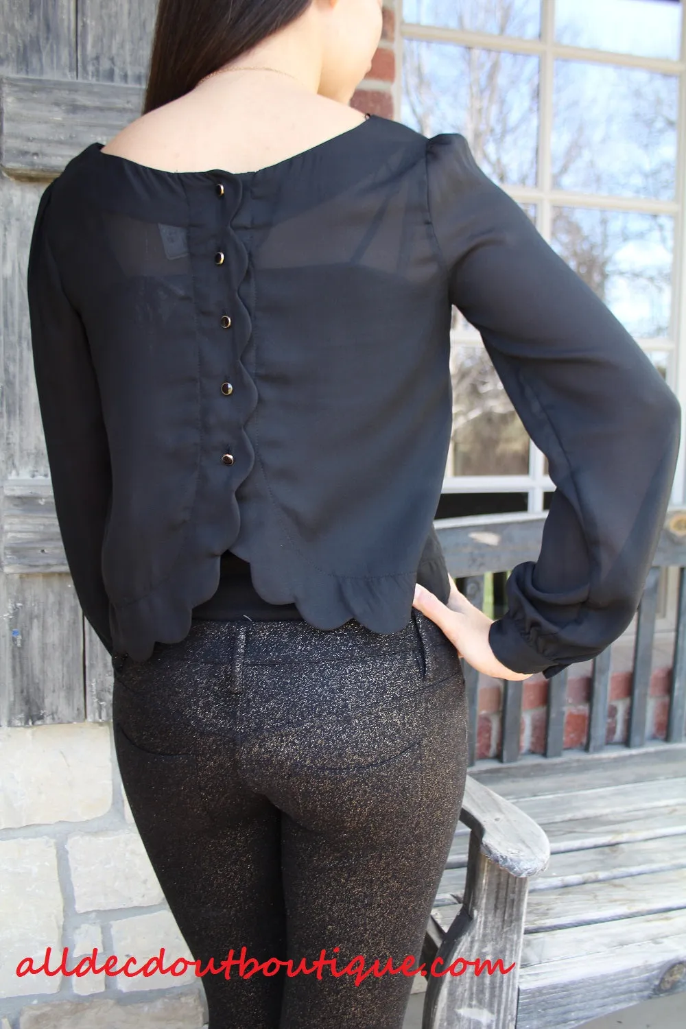 Double Zero | Sheer Scalloped Top Black