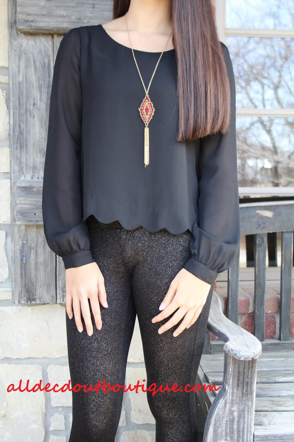 Double Zero | Sheer Scalloped Top Black