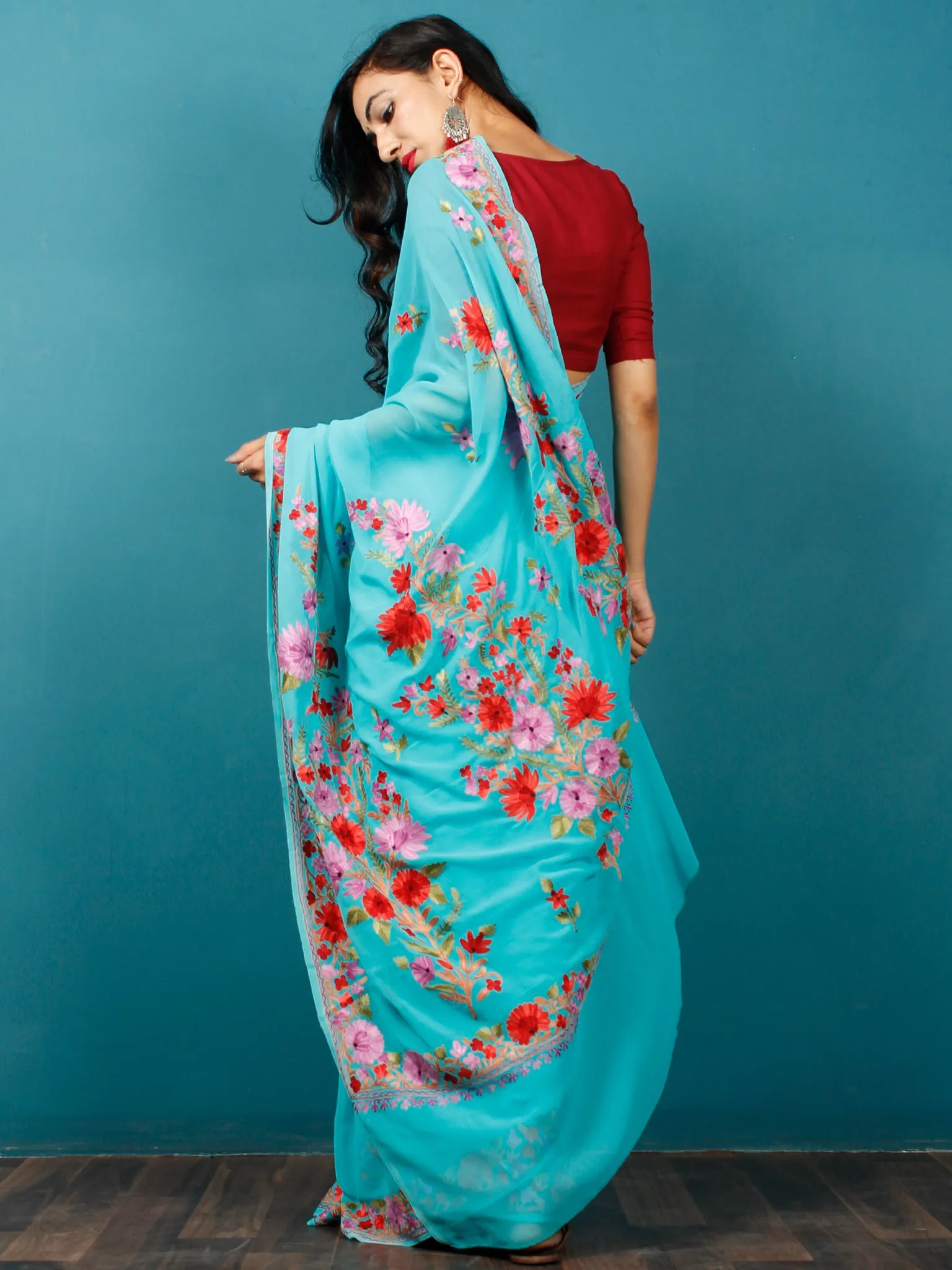Electric Blue Lavender Maroon Aari Embroidered Georgette Saree From Kashmir  - S031703062