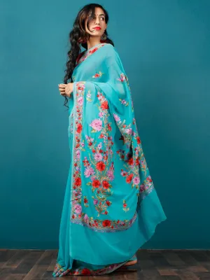 Electric Blue Lavender Maroon Aari Embroidered Georgette Saree From Kashmir  - S031703062