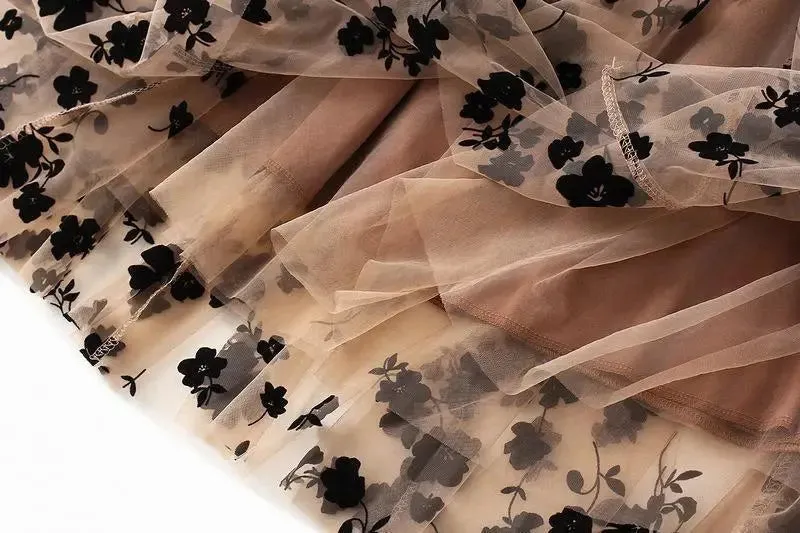 Elegant Floral Women Tulle Skirts High Waist Korean Flocking Pleated Midi Skirts Mesh Summer Office Ladies Skirt New