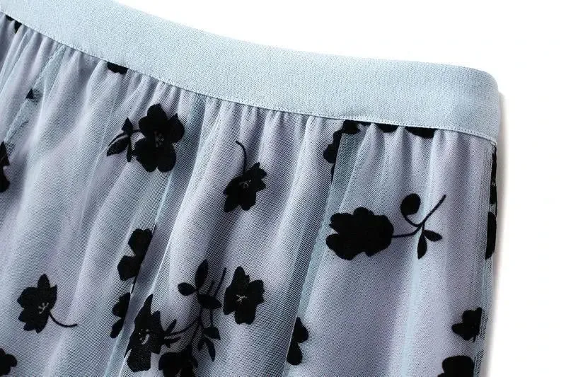 Elegant Floral Women Tulle Skirts High Waist Korean Flocking Pleated Midi Skirts Mesh Summer Office Ladies Skirt New