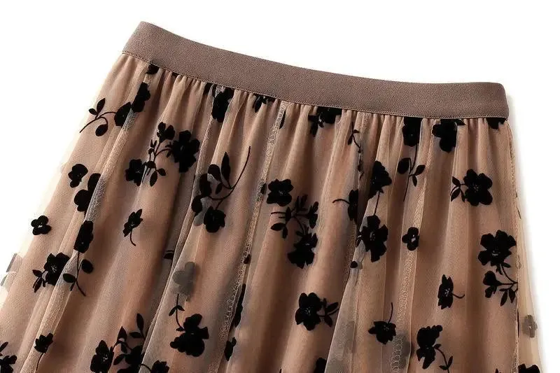 Elegant Floral Women Tulle Skirts High Waist Korean Flocking Pleated Midi Skirts Mesh Summer Office Ladies Skirt New