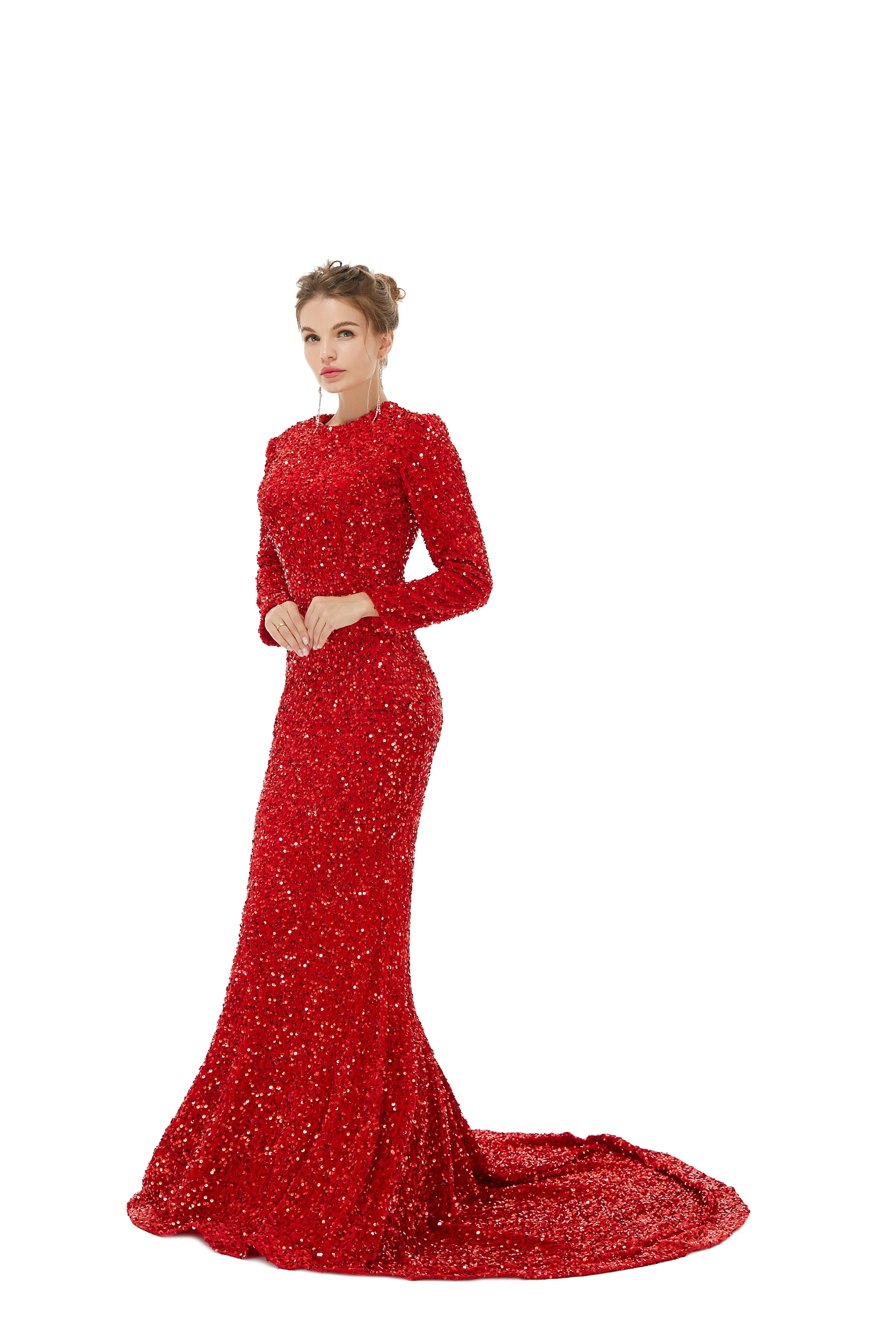 Elegant Long sleeve Sequin Evening Dress with Detachable Skirt | Ballbella Real Shooting