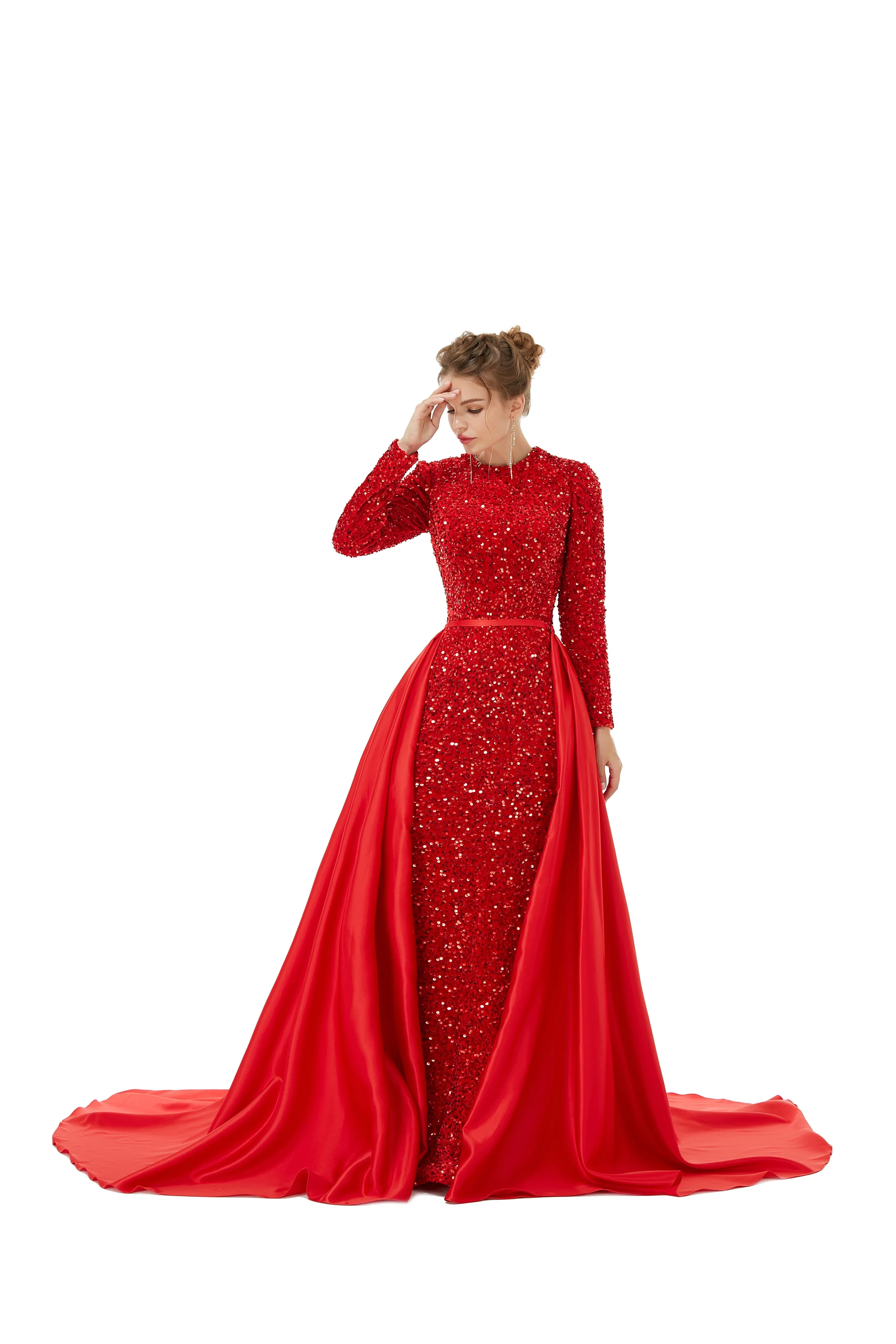 Elegant Long sleeve Sequin Evening Dress with Detachable Skirt | Ballbella Real Shooting