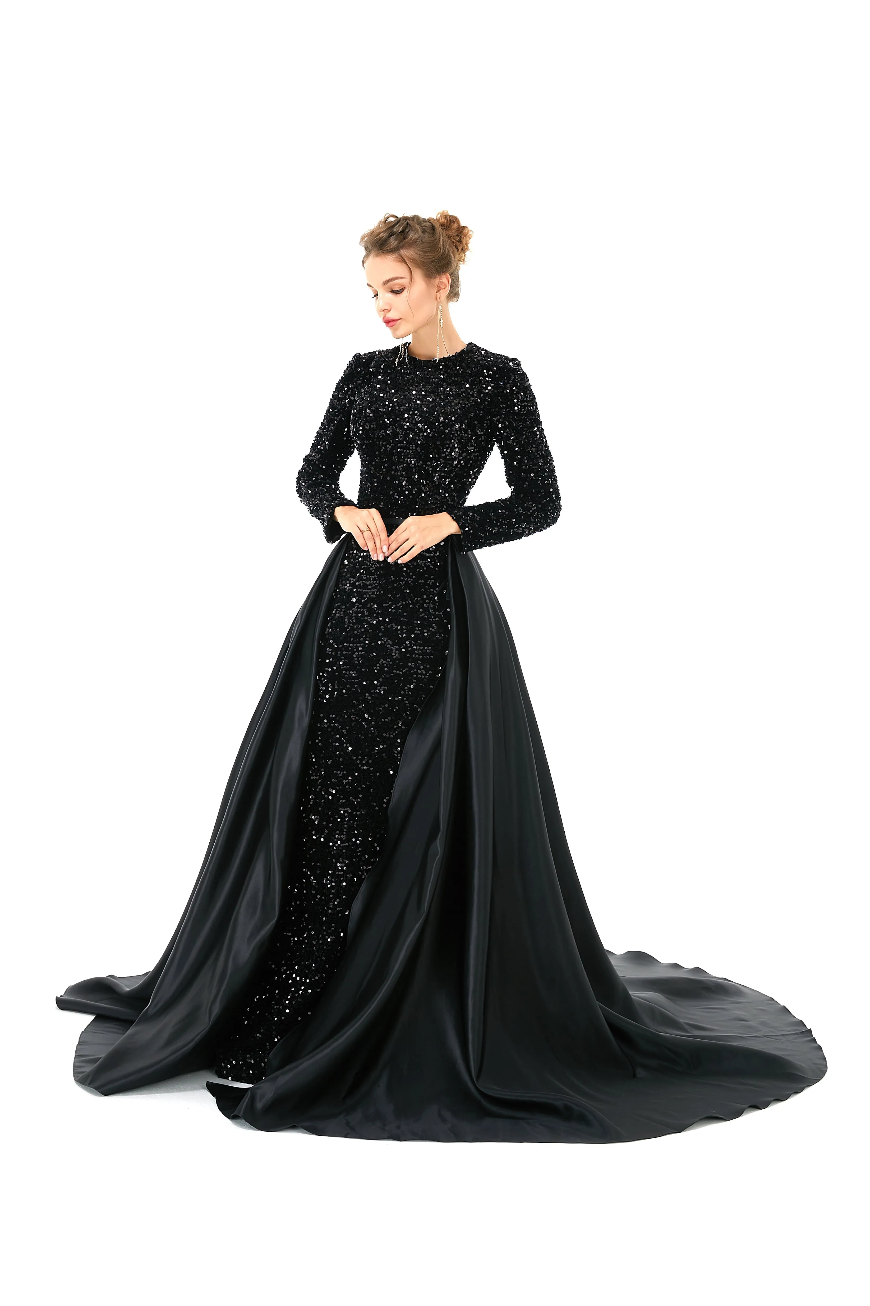 Elegant Long sleeve Sequin Evening Dress with Detachable Skirt | Ballbella Real Shooting