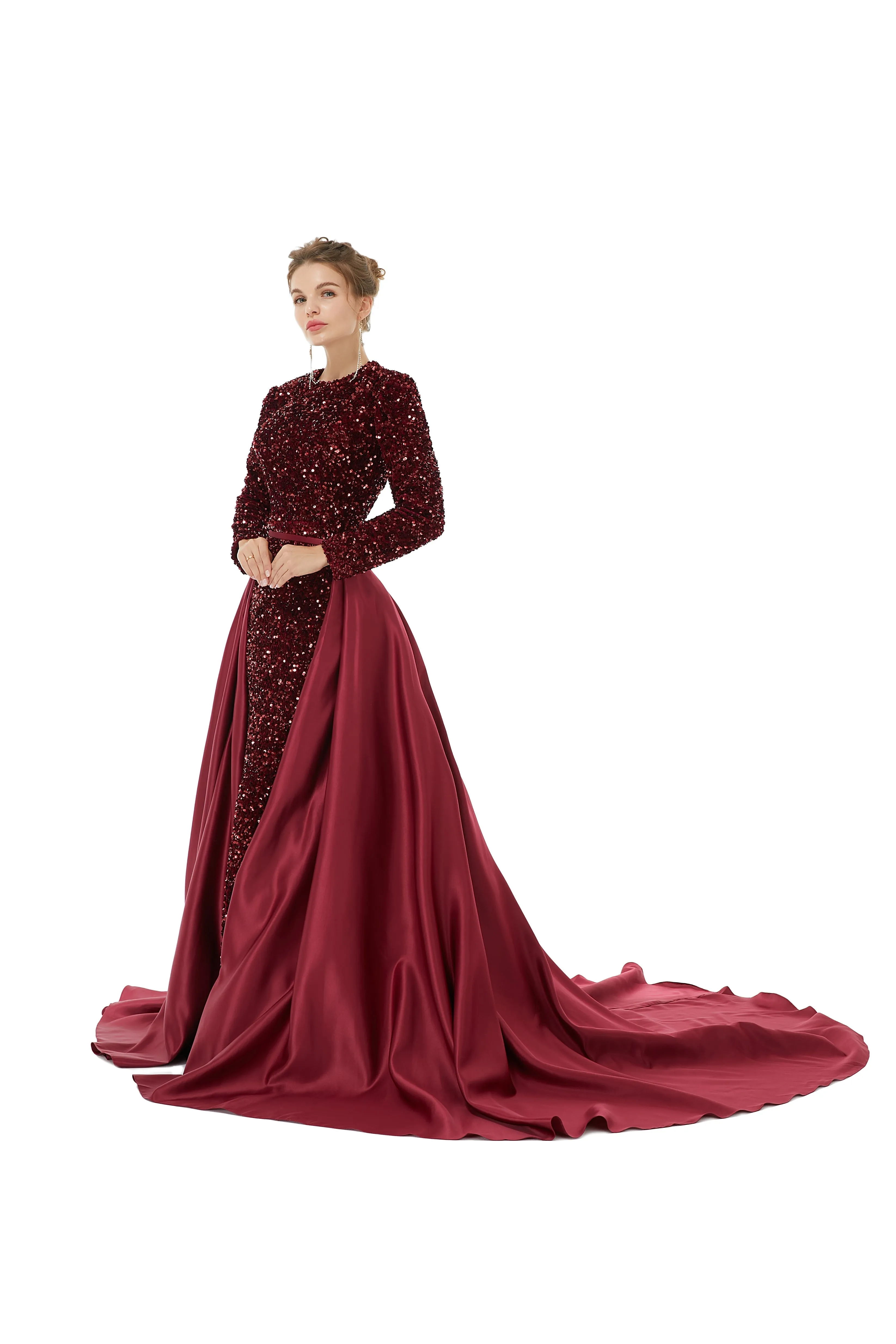 Elegant Long sleeve Sequin Evening Dress with Detachable Skirt | Ballbella Real Shooting