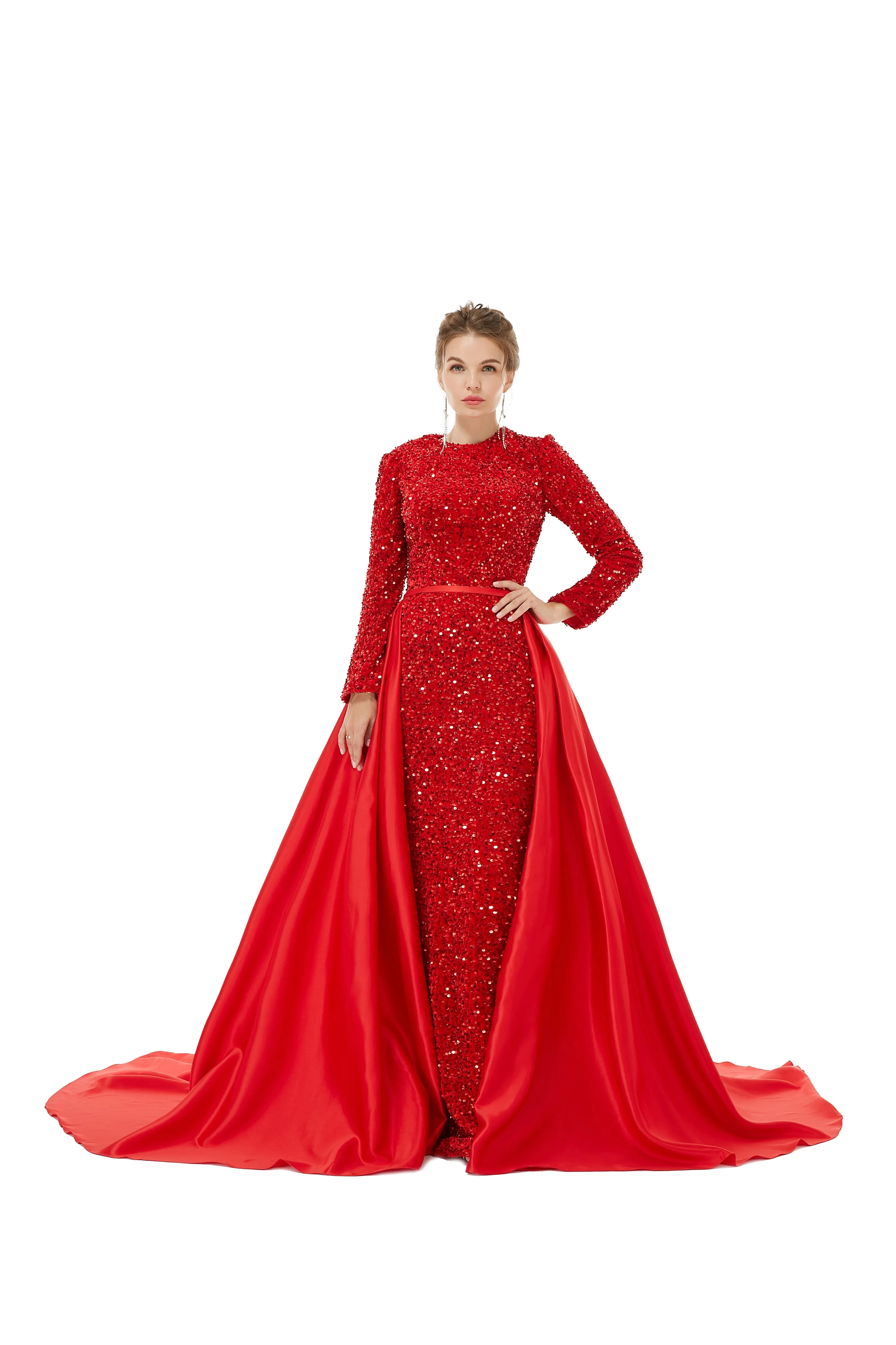 Elegant Long sleeve Sequin Evening Dress with Detachable Skirt | Ballbella Real Shooting