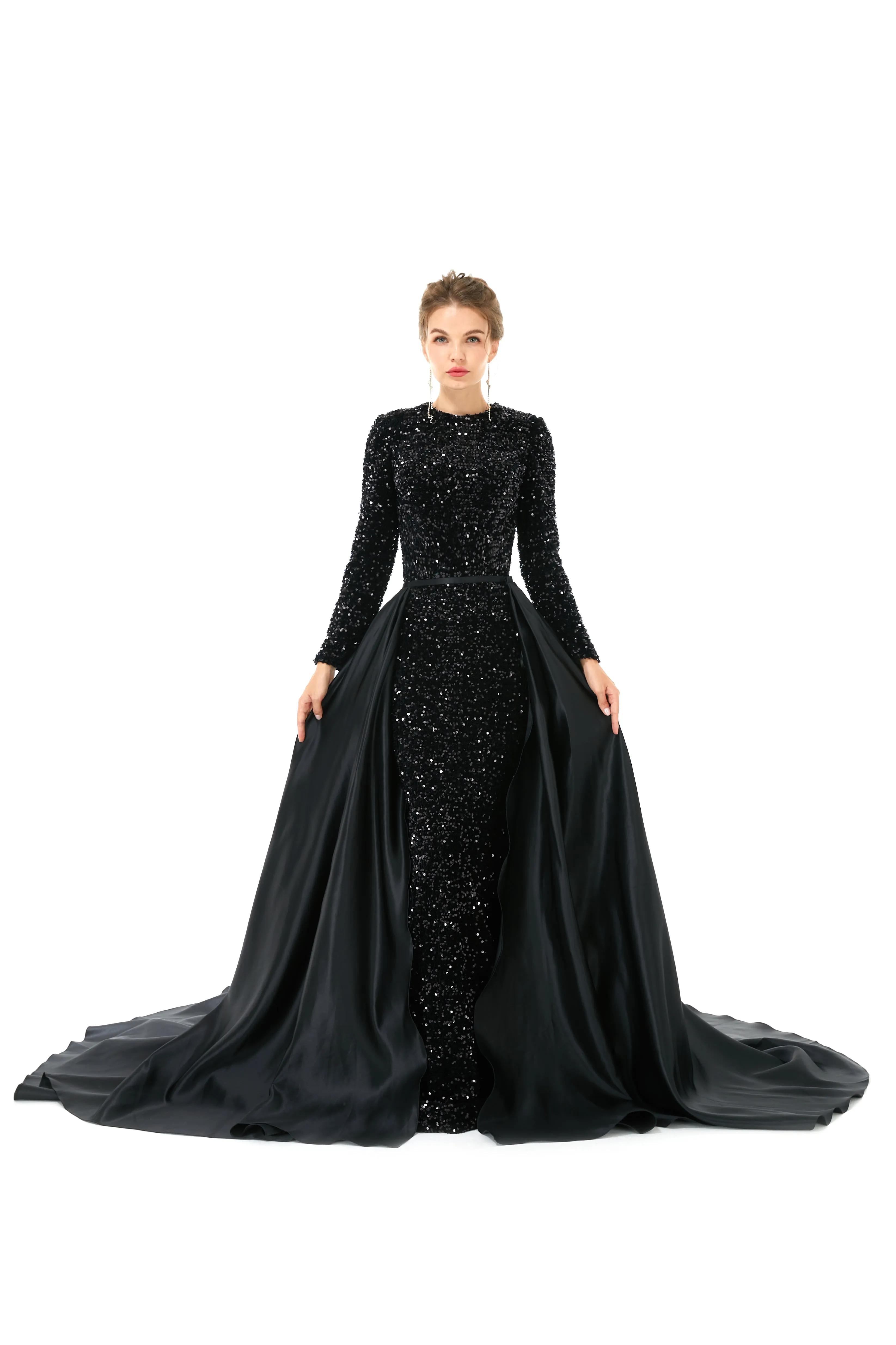 Elegant Long sleeve Sequin Evening Dress with Detachable Skirt | Ballbella Real Shooting