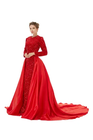 Elegant Long sleeve Sequin Evening Dress with Detachable Skirt | Ballbella Real Shooting