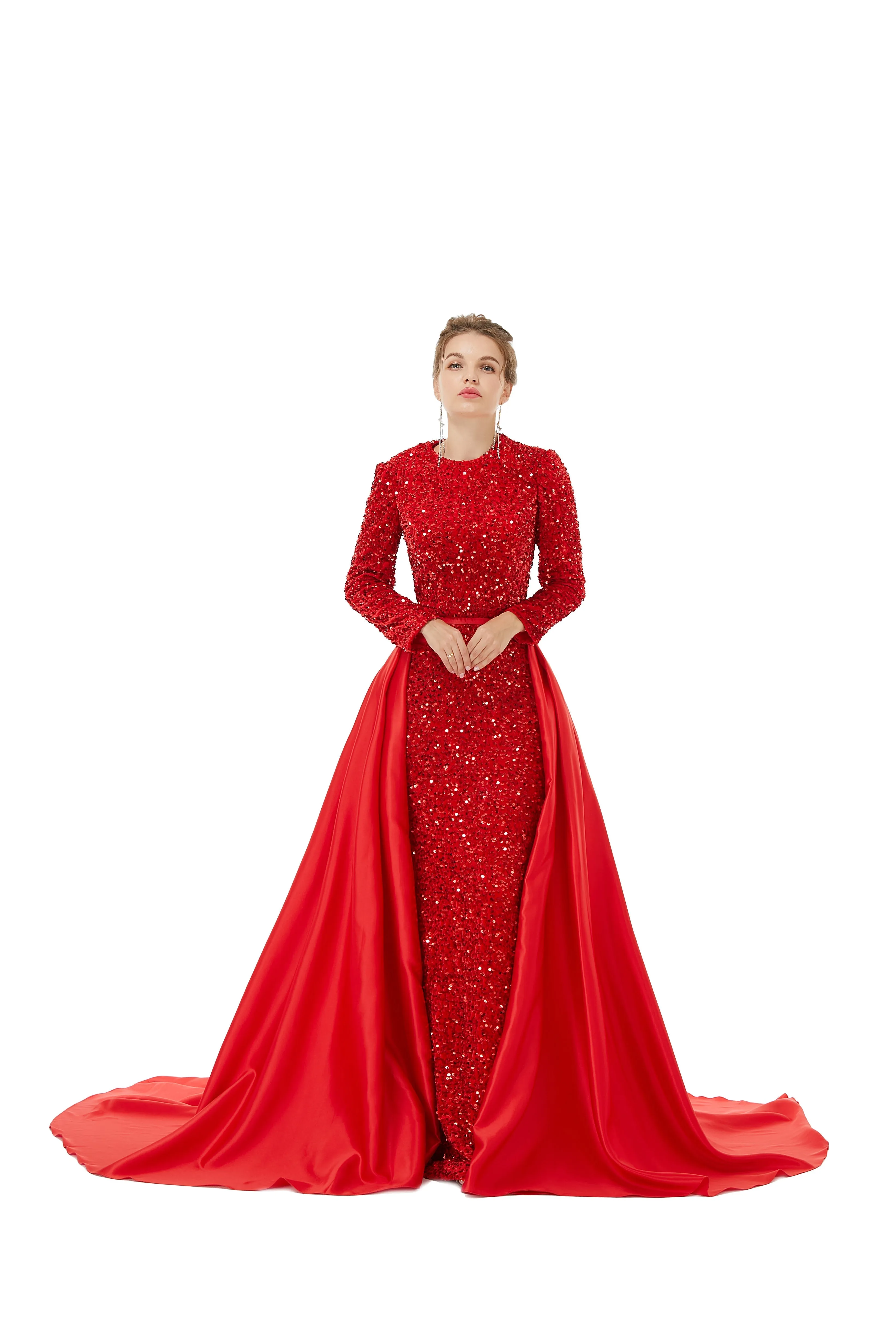 Elegant Long sleeve Sequin Evening Dress with Detachable Skirt | Ballbella Real Shooting