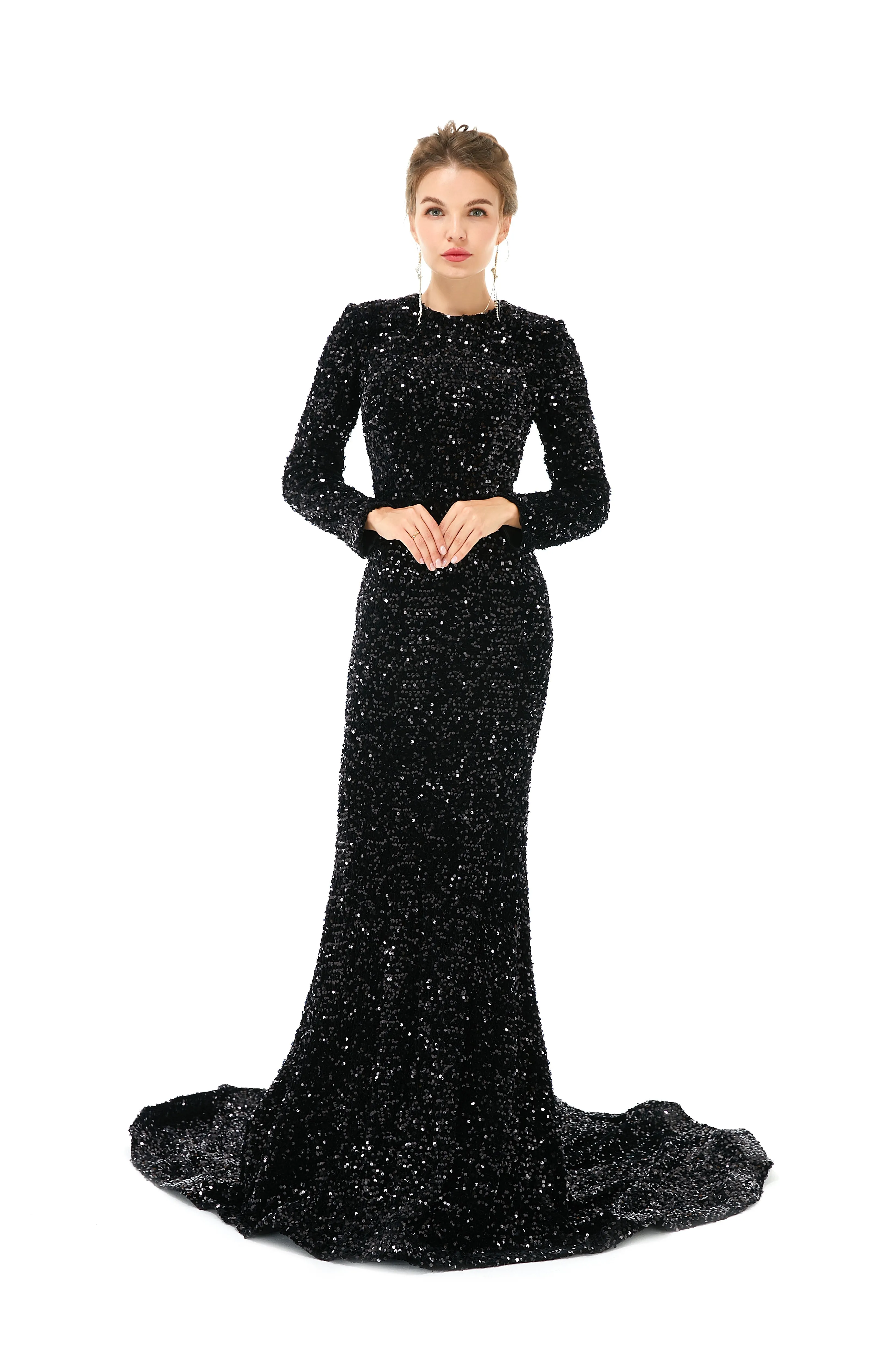 Elegant Long sleeve Sequin Evening Dress with Detachable Skirt | Ballbella Real Shooting