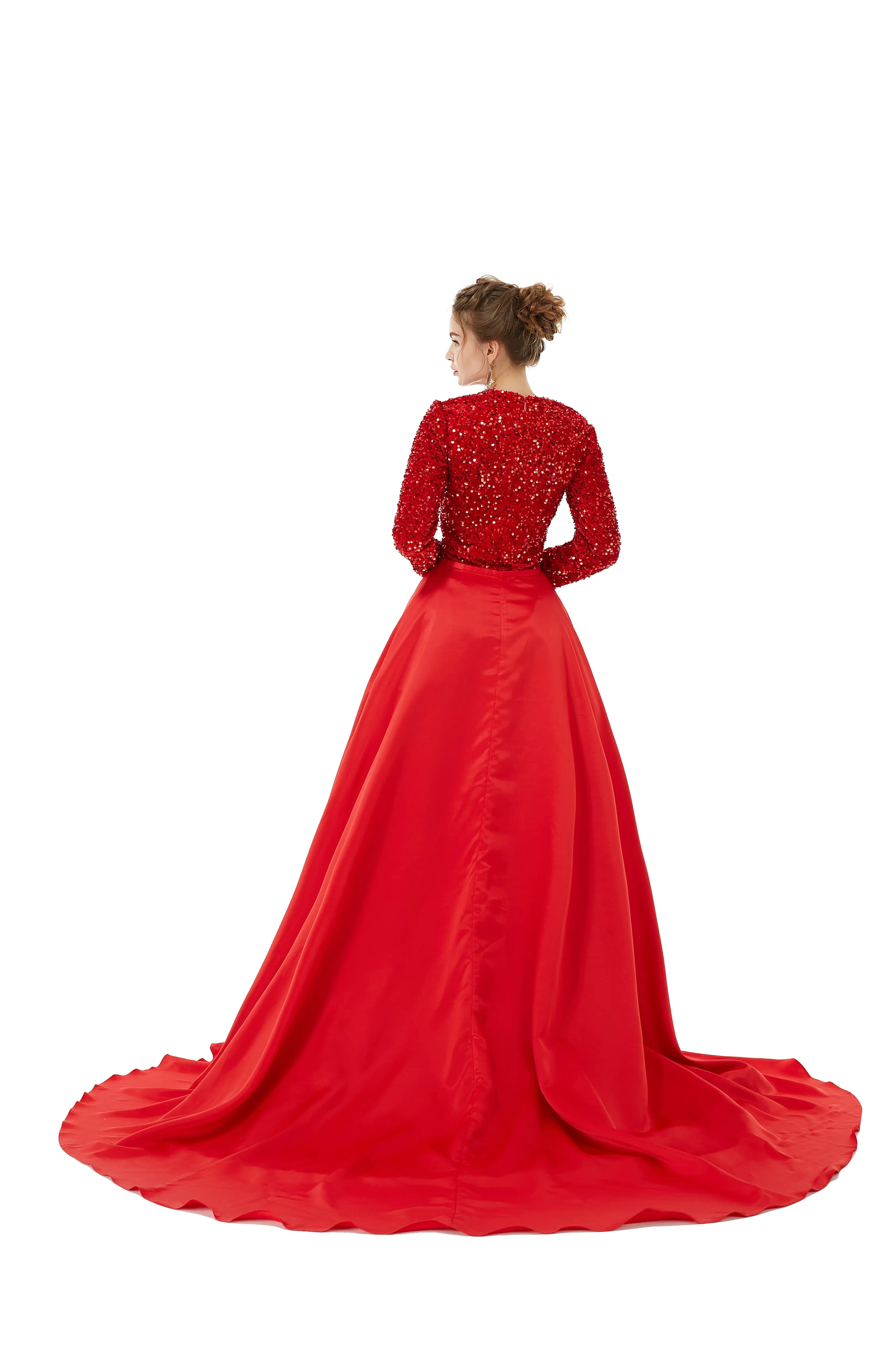 Elegant Long sleeve Sequin Evening Dress with Detachable Skirt | Ballbella Real Shooting