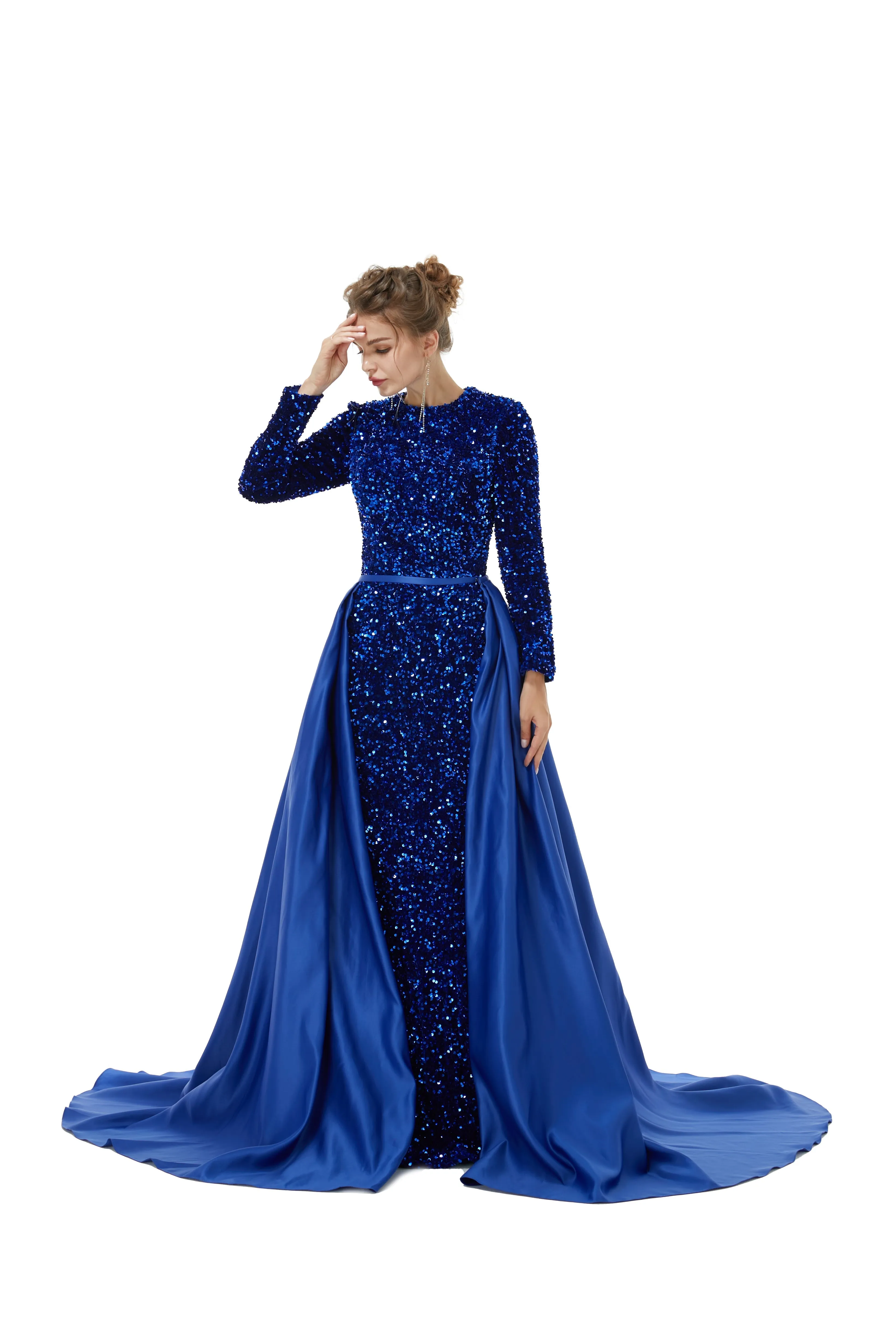 Elegant Long sleeve Sequin Evening Dress with Detachable Skirt | Ballbella Real Shooting