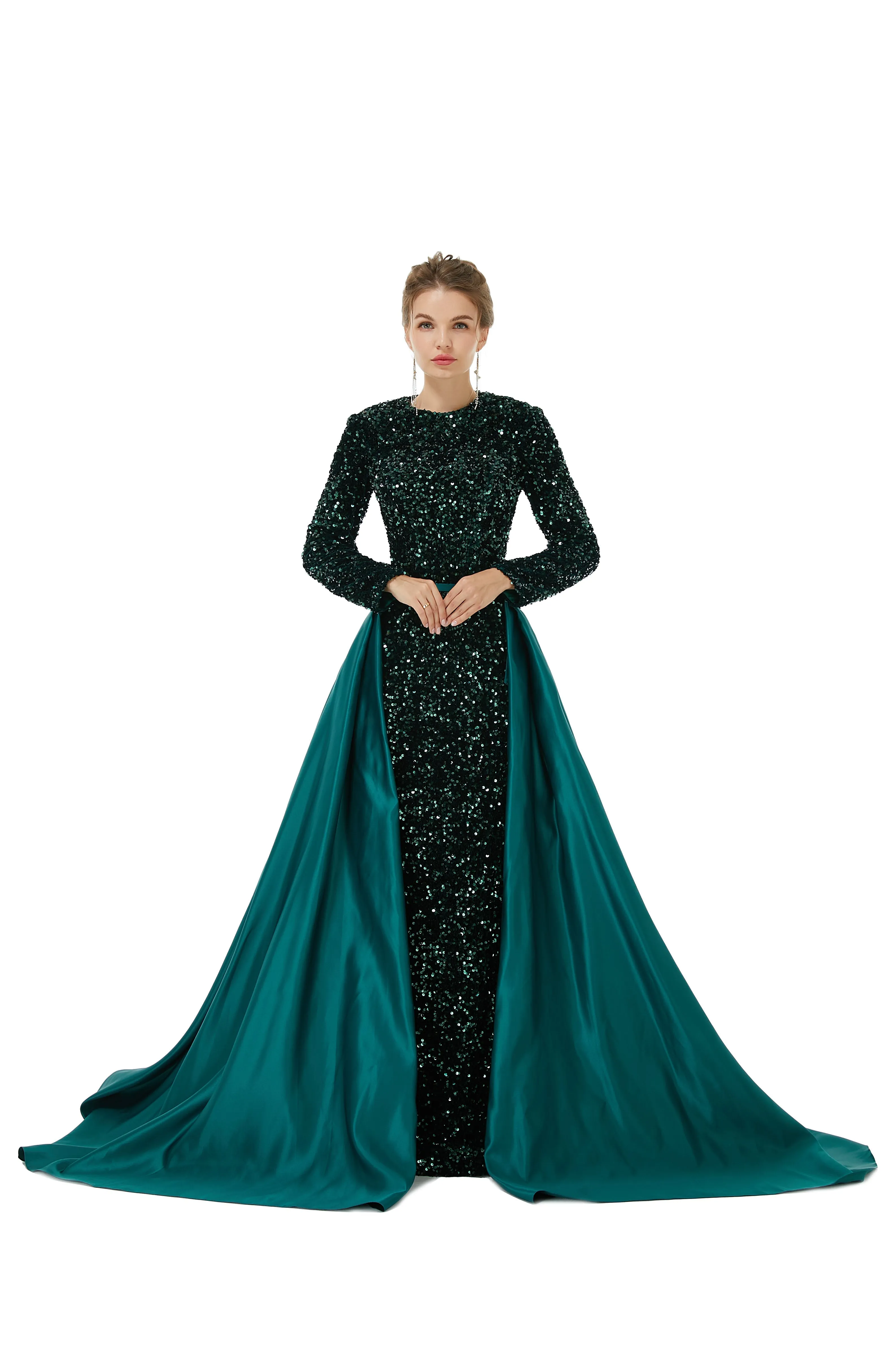 Elegant Long sleeve Sequin Evening Dress with Detachable Skirt | Ballbella Real Shooting