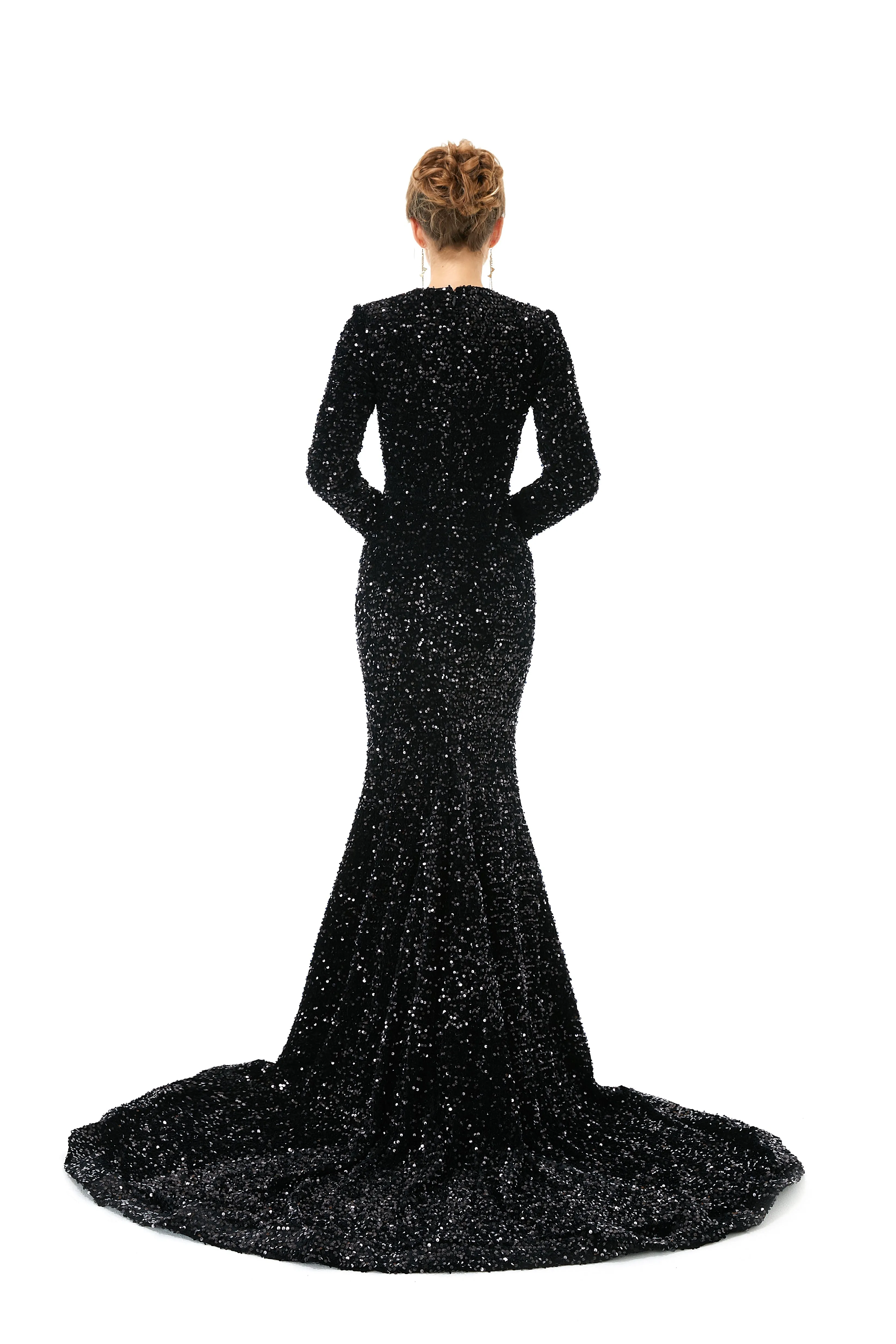 Elegant Long sleeve Sequin Evening Dress with Detachable Skirt | Ballbella Real Shooting