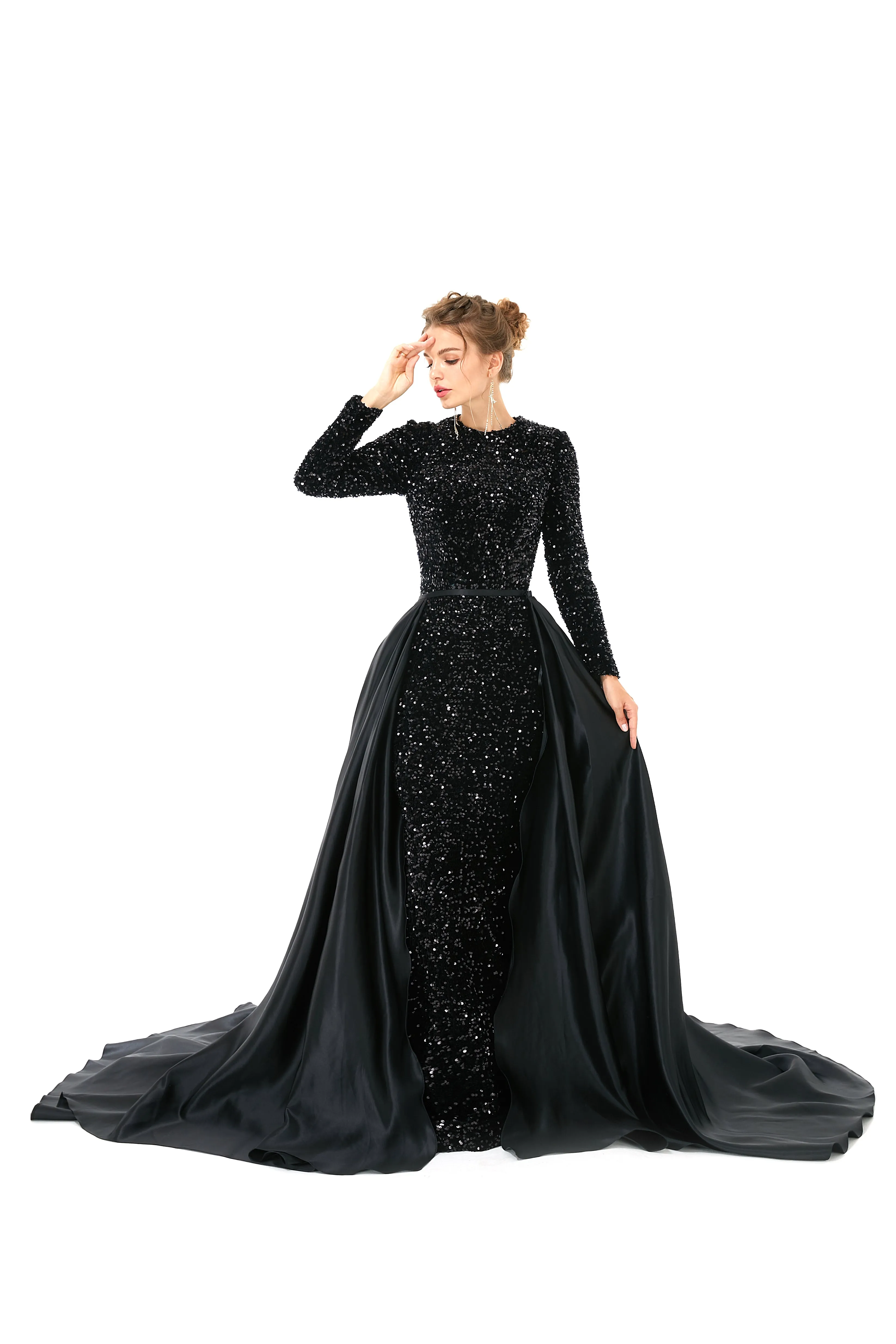Elegant Long sleeve Sequin Evening Dress with Detachable Skirt | Ballbella Real Shooting