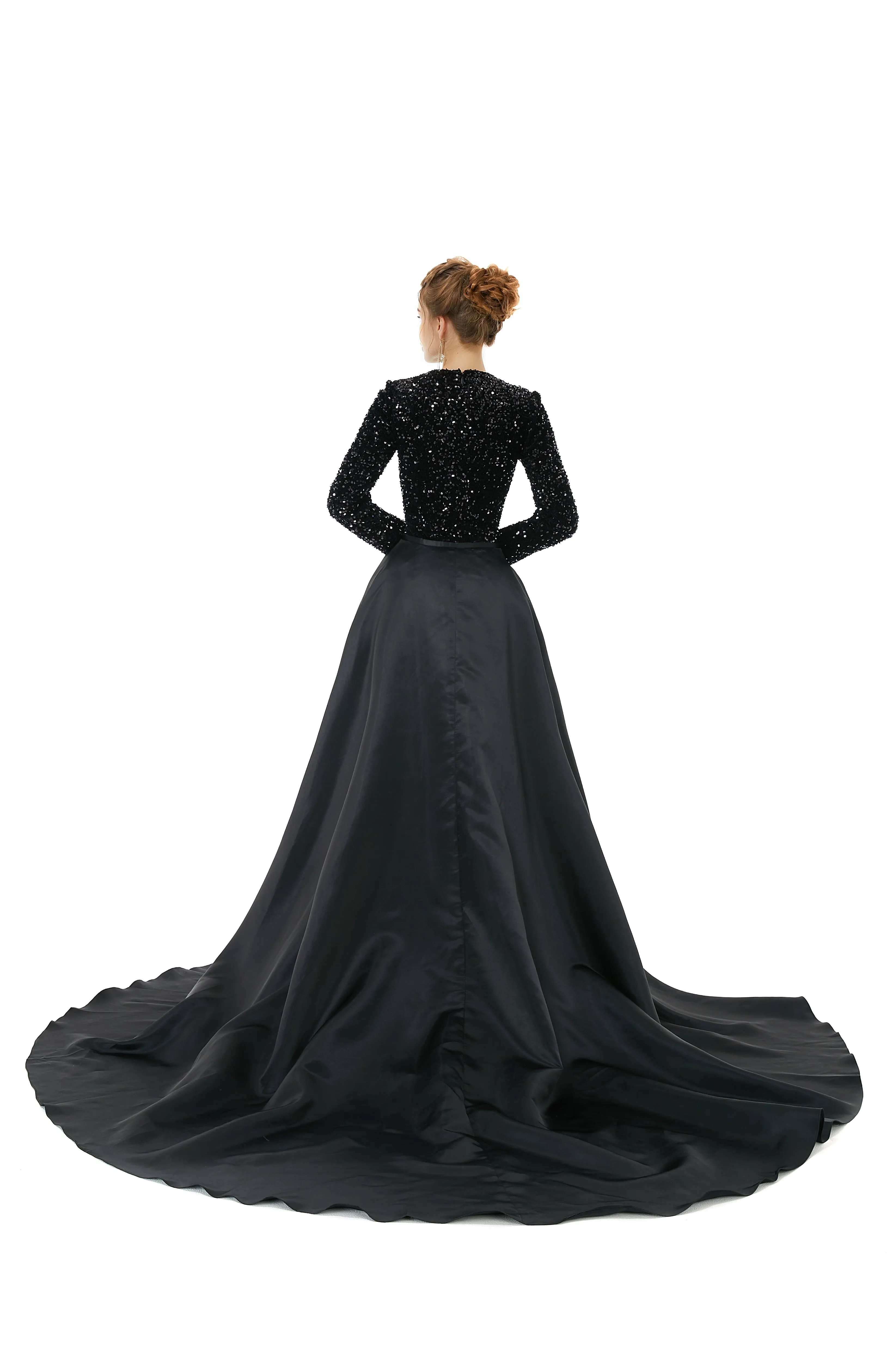 Elegant Long sleeve Sequin Evening Dress with Detachable Skirt | Ballbella Real Shooting