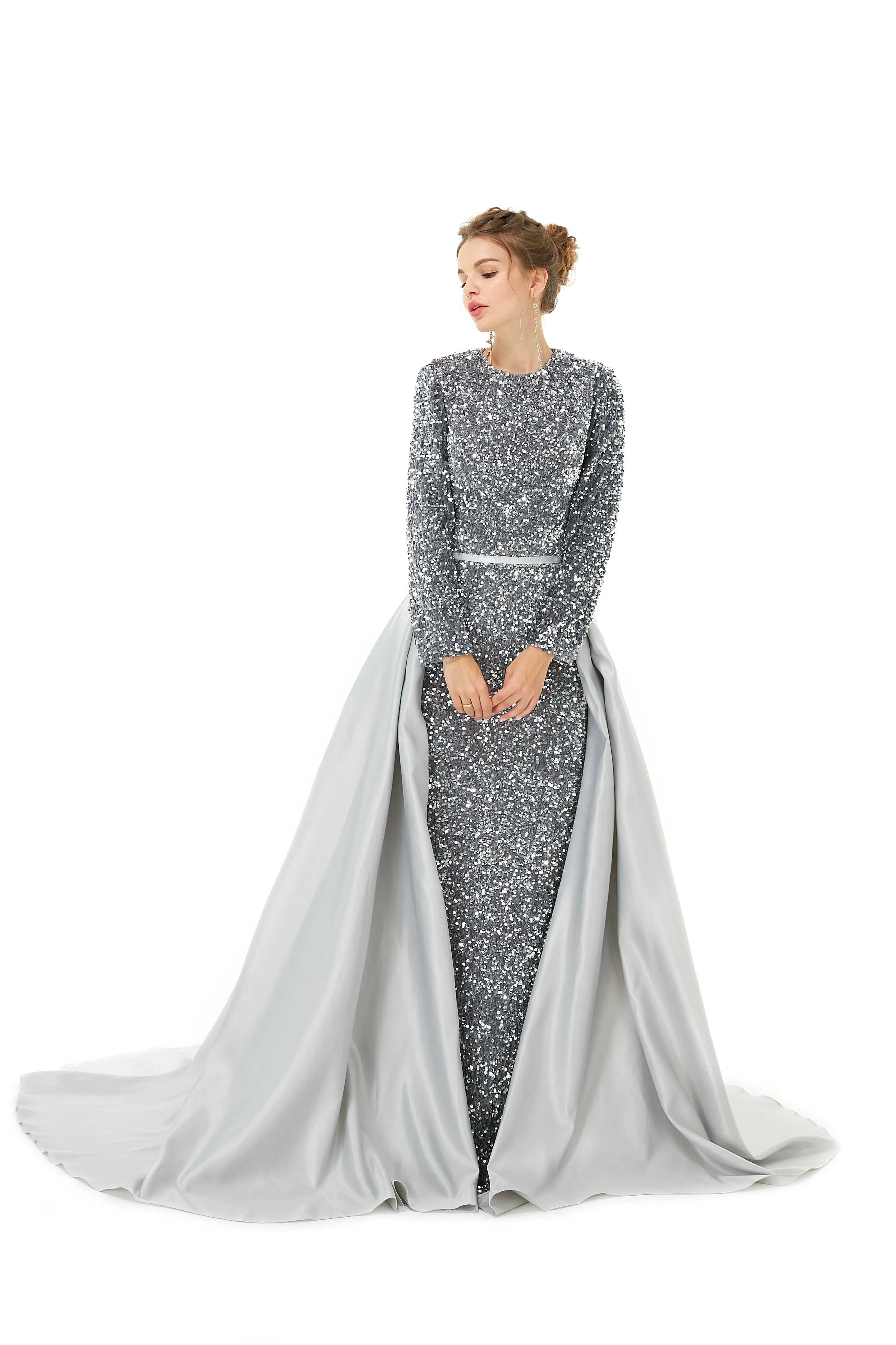 Elegant Long sleeve Sequin Evening Dress with Detachable Skirt | Ballbella Real Shooting