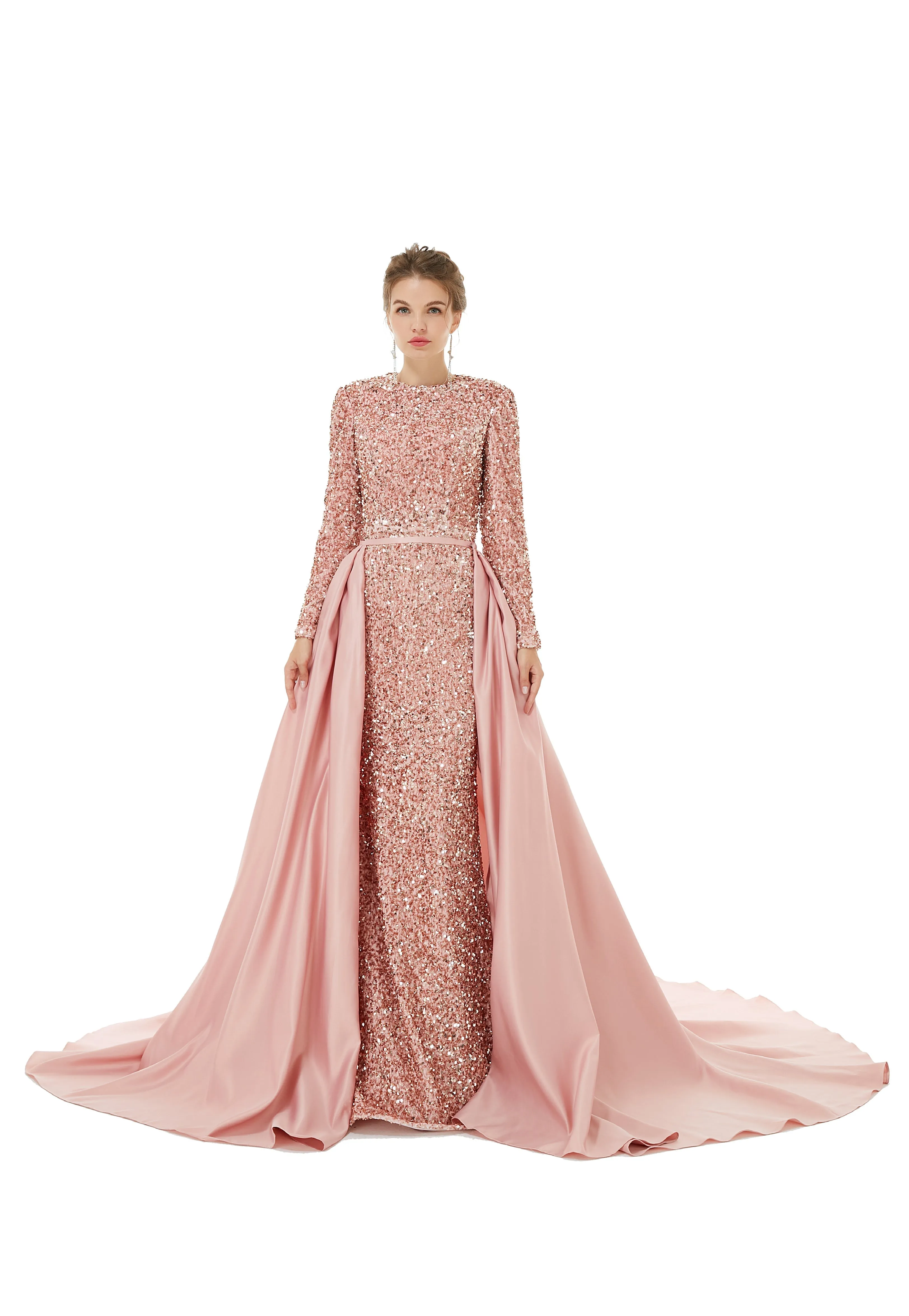 Elegant Long sleeve Sequin Evening Dress with Detachable Skirt | Ballbella Real Shooting