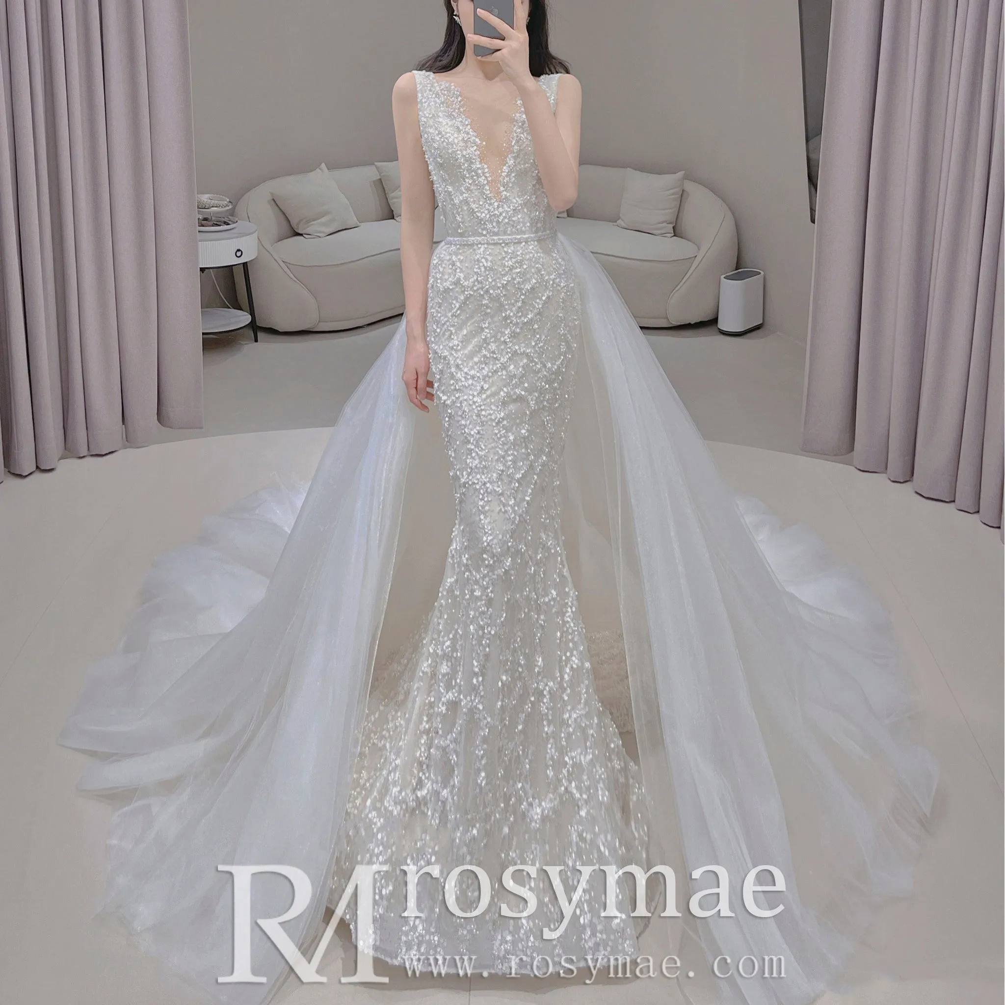 Elegant Sparkly Mermaid Wedding Dress With Cape and Detachable Train