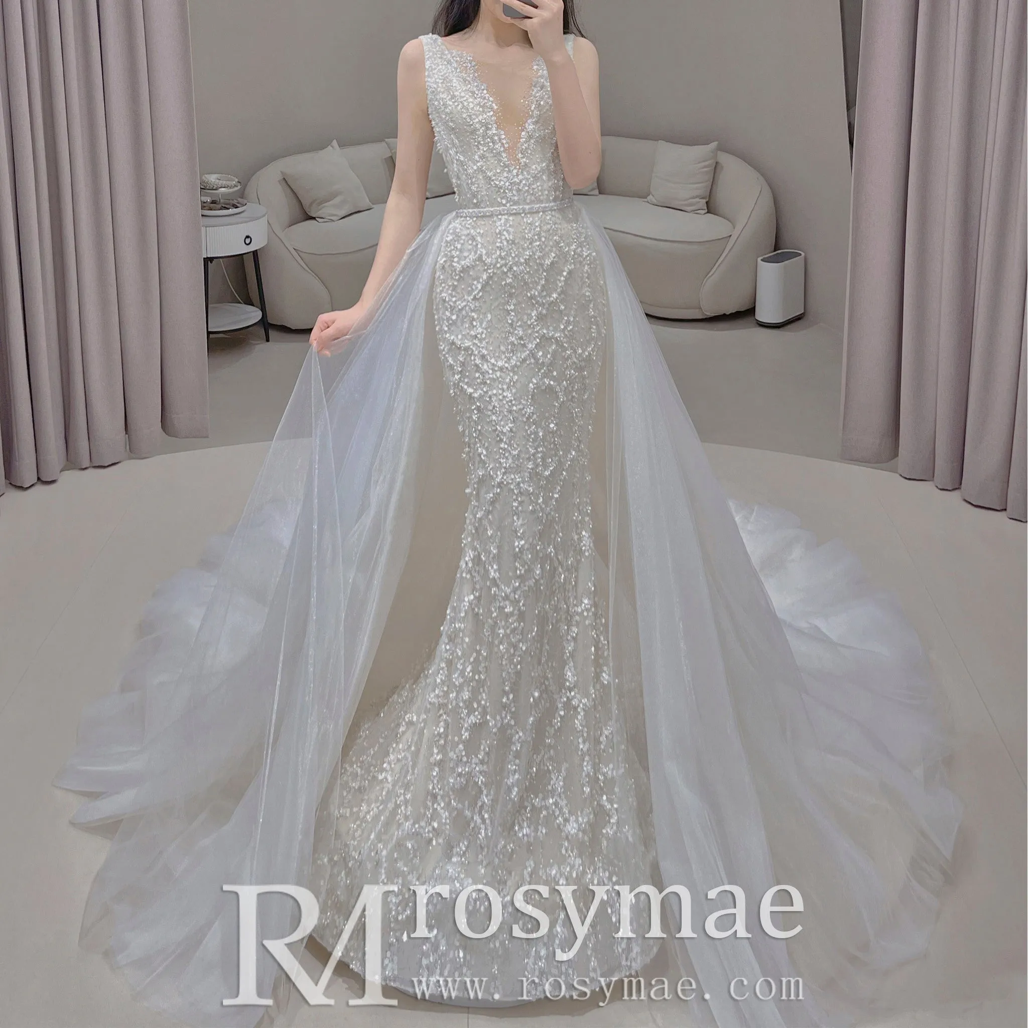 Elegant Sparkly Mermaid Wedding Dress With Cape and Detachable Train