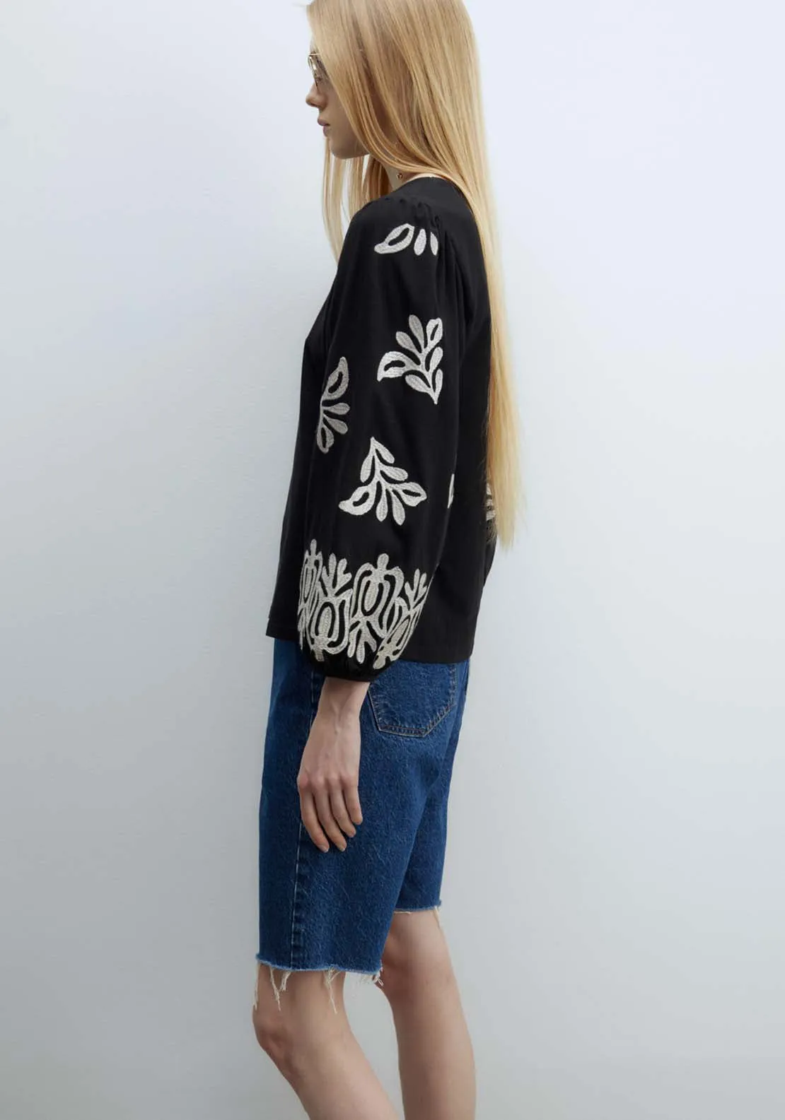 Embroidered Sleeve Blouse - Black