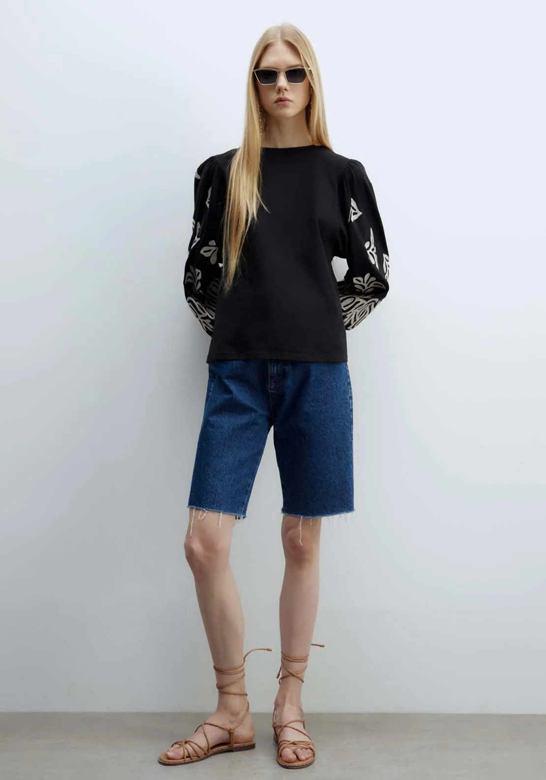 Embroidered Sleeve Blouse - Black