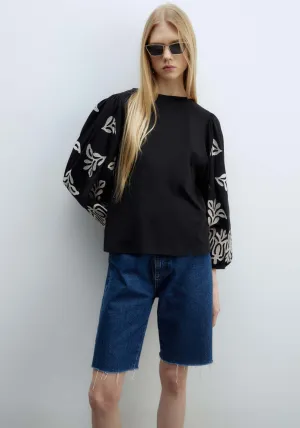 Embroidered Sleeve Blouse - Black